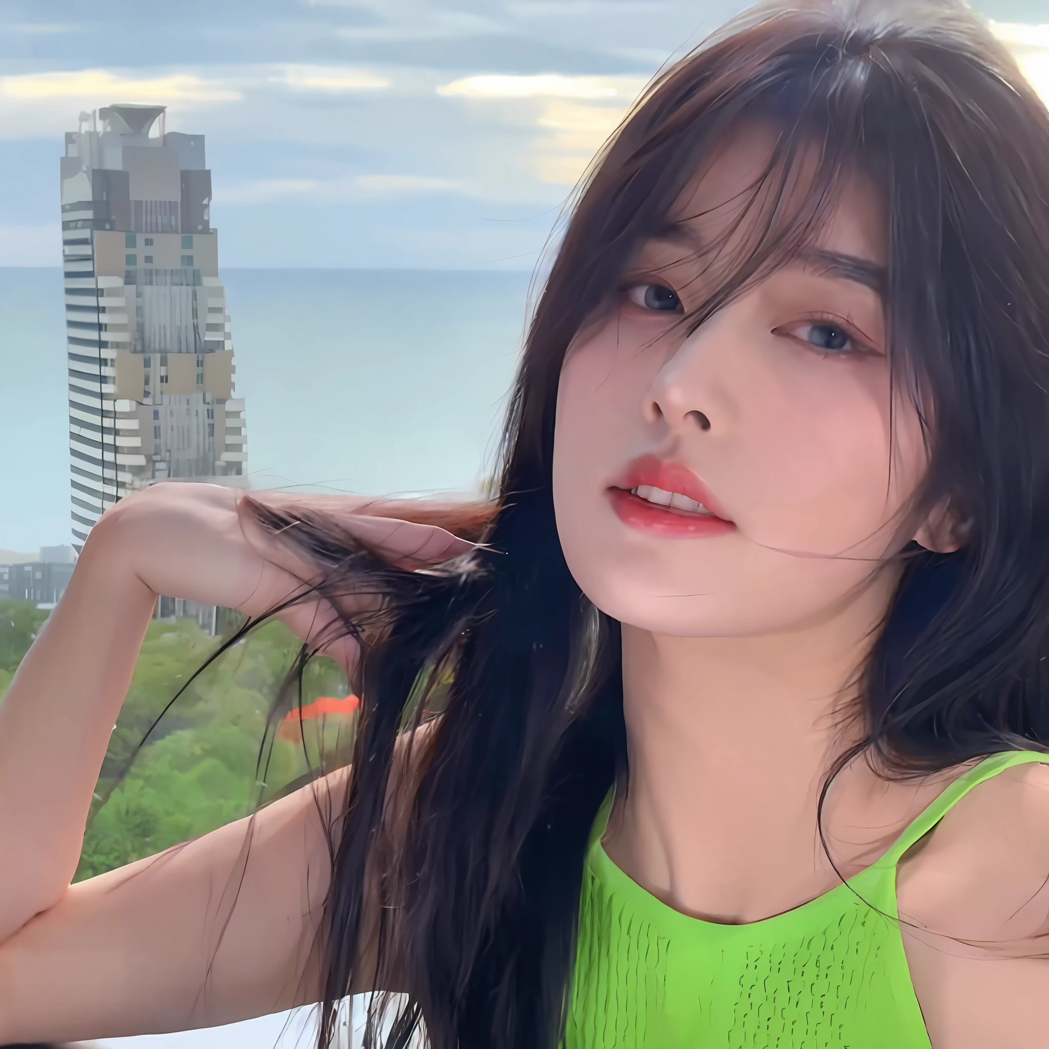 a close up of a woman with long hair wearing a green top, beautiful south korean woman, bae suzy, heonhwa choe, lalisa manobal, song hye - kyo, gorgeous young korean woman, dilraba dilmurat, beautiful young korean woman, korean girl, she has black hair with bangs, with bangs, taejune kim