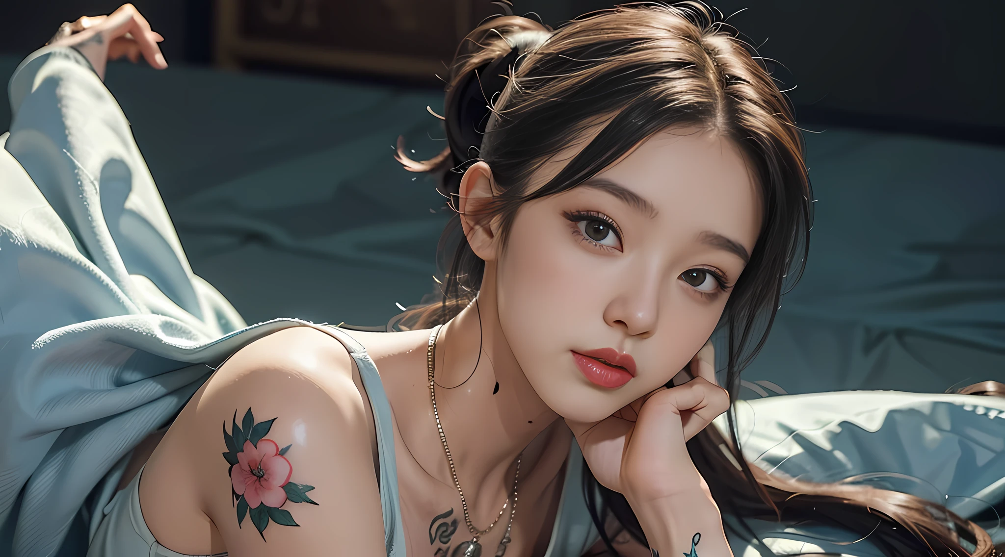 HD 3D art, full of real warmth in 3D animation style, close-up (1 female), feminine pose, hair dyed light blue beauty, in addition to tattoos delicately depicted all over the body, the light of the horizon stacked in landscape mode, will remind you of CGSCOSITY's tattoo expert designs, there are some masterpieces like Guweiz and James Jean, a beautiful girl, fashionable, sexy, with her life as a canvas, The realistic style that is widely respected in Japan's fashion and art circles is also a hot topic.