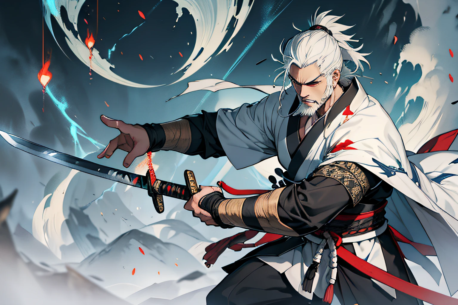 Isshin, the Sword Saint is a legendary warrior and the founder of the Ashina Clan. He is an old man with white hair and beard, wearing a blue kimono with black Chinese hanfu and a white cloak. He carries a katana and a spear. He also has a gun hidden in his sleeve.
He awaits demon in the great grass field where he first fought Genichiro Ashina, his grandson. The field is covered with blood and corpses of soldiers who died in the battle. The sky is dark and stormy, and lightning flashes occasionally. Isshin emerges from Genichiro’s body after he sacrifices himself to revive him using the Black Mortal Blade. He respects Sekiro as a worthy opponent and challenges him to a final duel for the fate of Ashina.
moon, dark theme, light, fantasy，Muscle man，