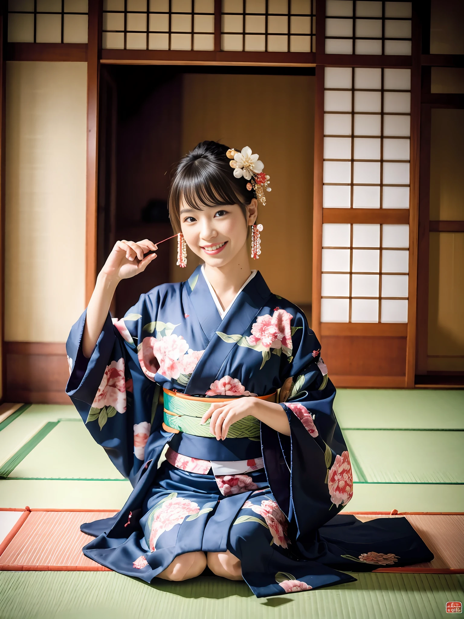 Smile, kimono, hair ornament, right hand to mouth