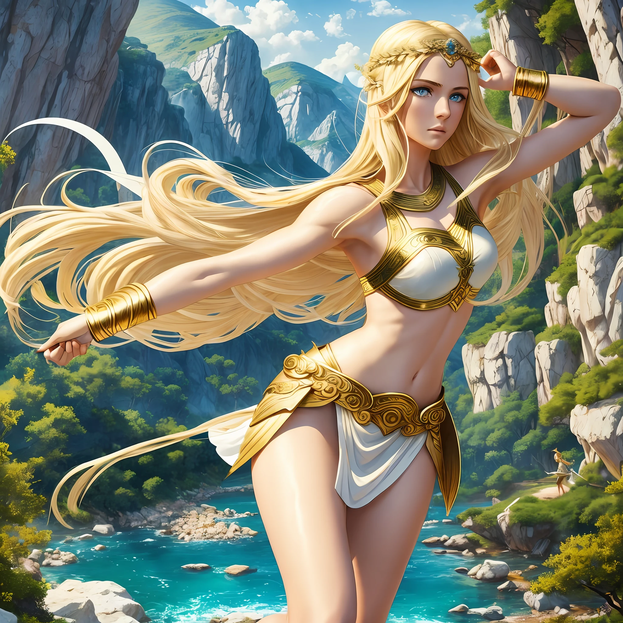 Blonde hair fluttering in the wind, mythical Arcadia mountains and forests, in harmony with the background