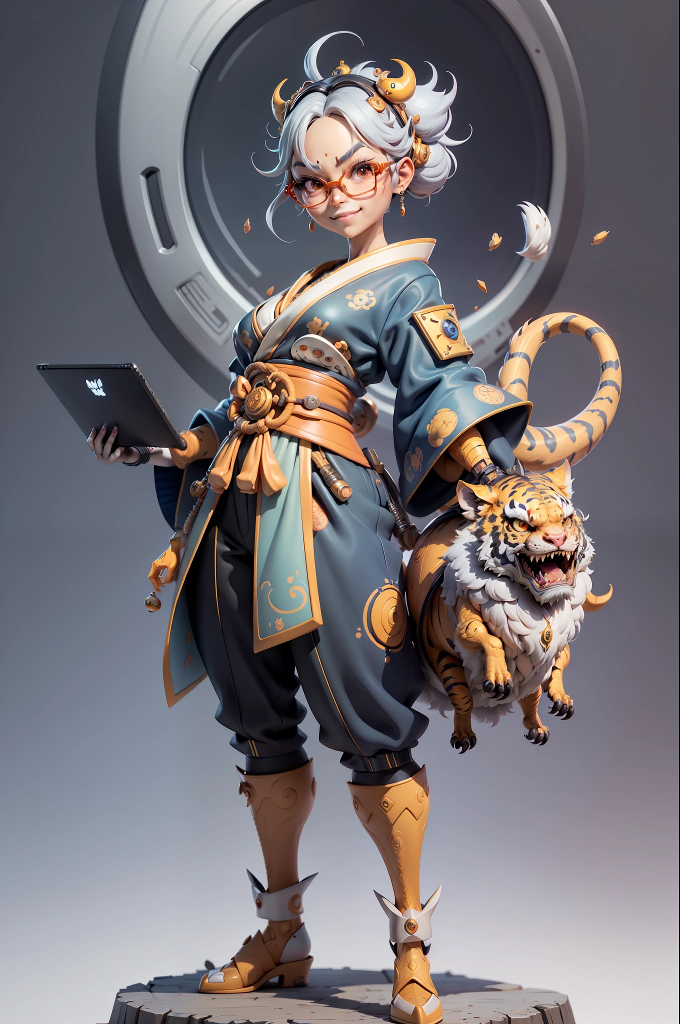 (Masterpiece), (Excellent), (Super Meticulous), (Full Body: 1.2), Super Young Woman, Japanese Geisha, Beauty, Chinese Dragon, Tiger, Wind God Thor, Sexy, Bursting, Oriental Face, TV Anchor, Bust Portrait Illustration, Alone, Black Suit, Blue Tie, Slightly Chubby, Very Clean Face, Silver Glasses, Black Super Short Hair, Black Eyes, Confident Smile, 3c Computer Sub-Products, iPad, iPhone, Digital Painting, 3D character design by Mark Clairedon and Pixar and Hayao Miyazaki and Akira Toriyama, the illustrations are HD illustrations in 4K resolution with highly detailed facial features and cartoon-style visuals.