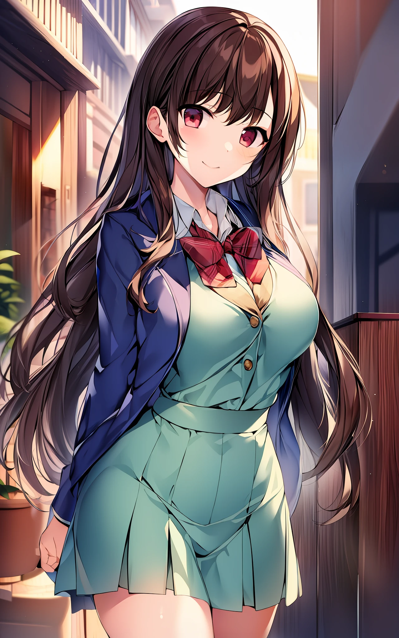 (masterpiece:1.3), 1 girl, solo, best quality, high quality, karory, brown hair, long hair, one side up, large_breasts, school uniform, red eyes, walking, arms behind back, smile.