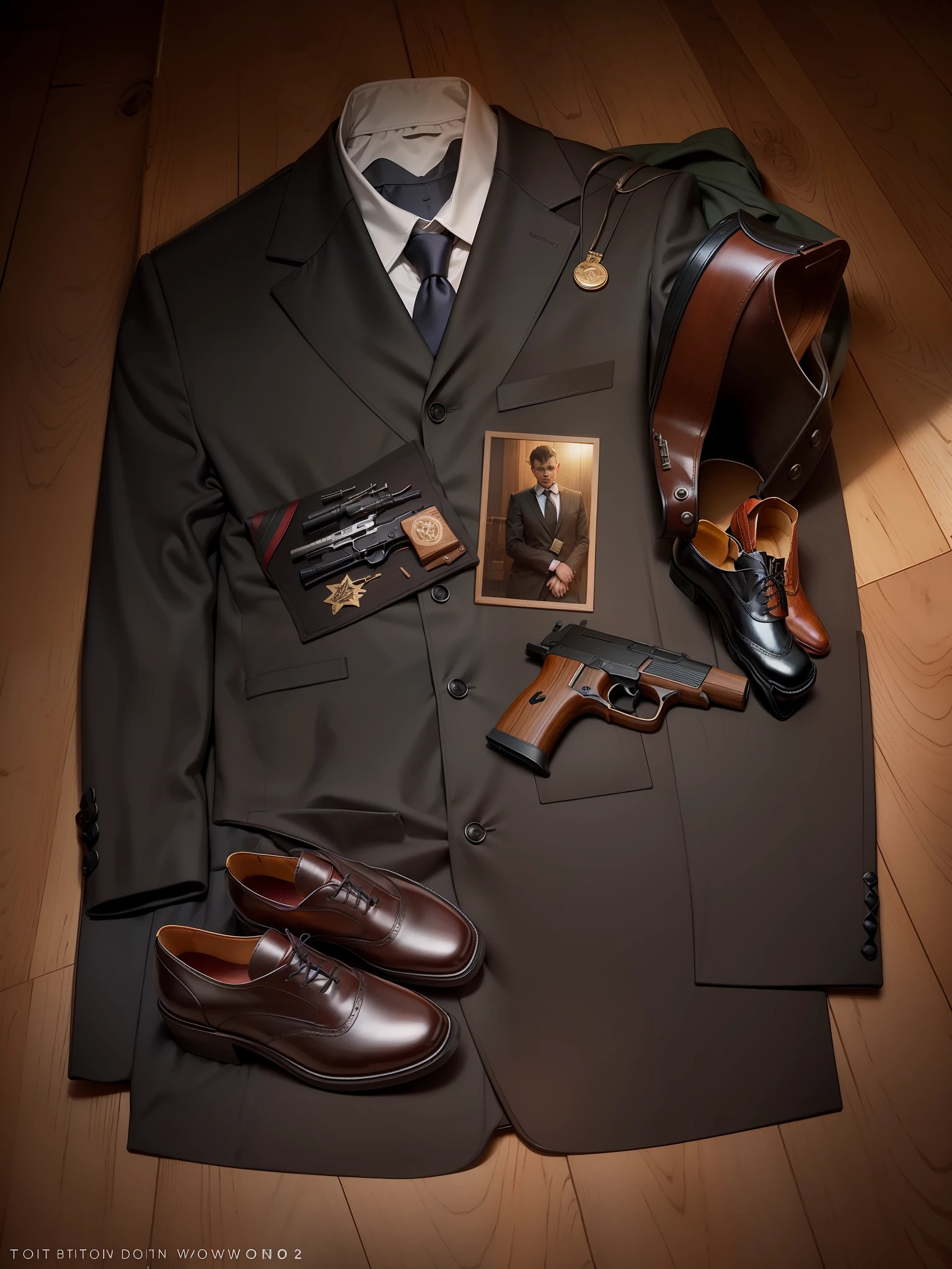 wooden table next to a pair of shoes, weapon, gun, suit, necktie, formal, handgun --auto --s2