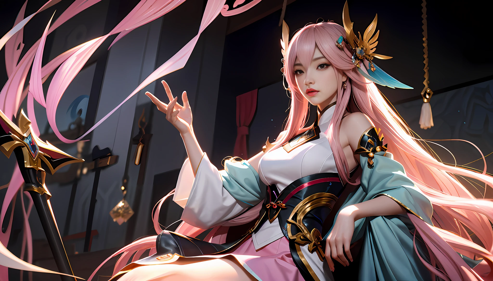 Highest quality, outstanding details, super high resolution, best illustrations, favor details, style image of a woman holding an umbrella, pink style, pink long hair, pink clothing, Irelia, Onmyoji detailed art, extremely detailed art germ, concept art | art germ, style art germ, art germ liu, ! Dream Art Germ, Onmyoji, Irelia in League of Legends, Art Germ on ArtStation Pixiv, HD Quality, (Full Body Photo) (Seated: 1.5)