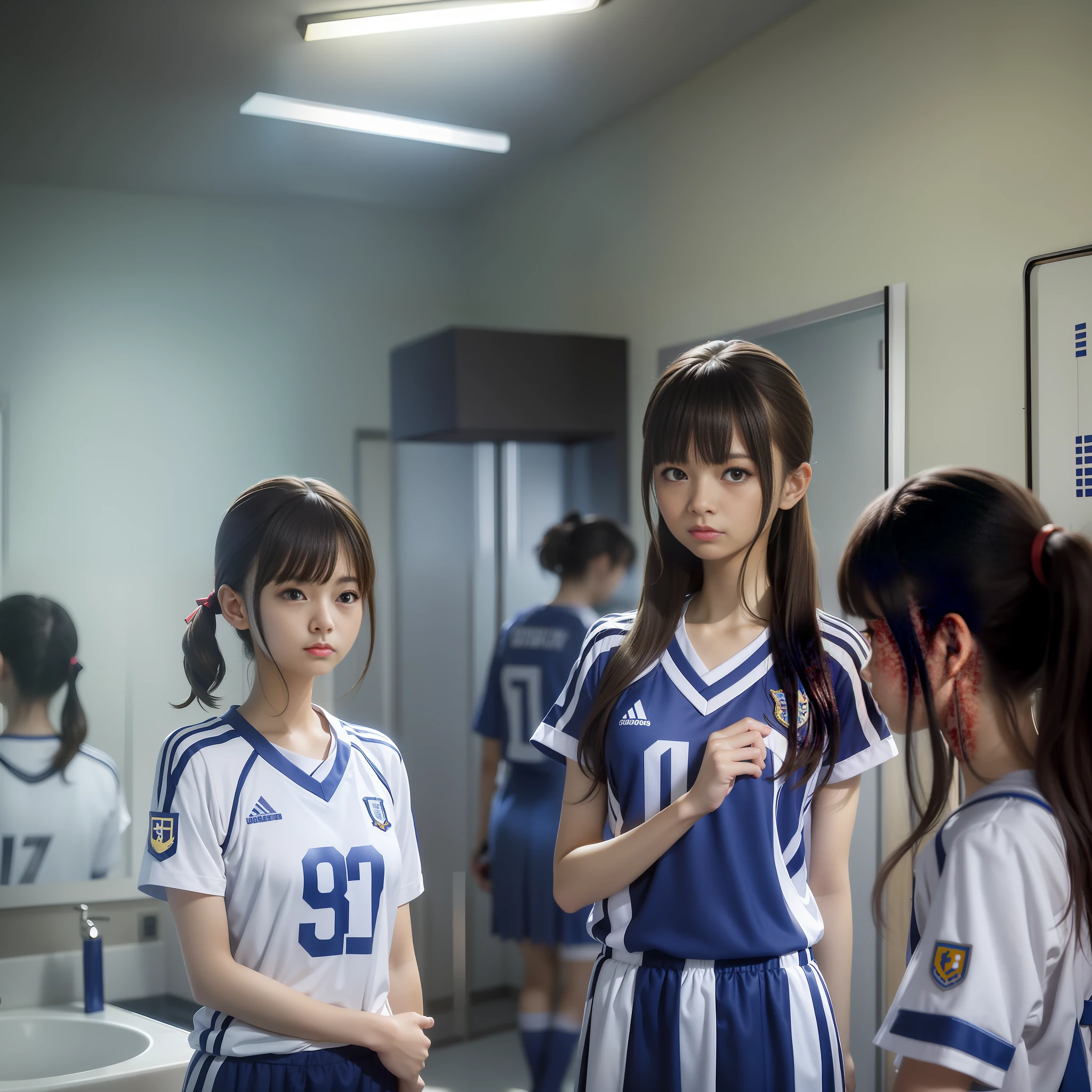 there are two girls in uniforms standing in a bathroom, wearing a school soccer uniform, still from a live action movie, a hyperrealistic schoolgirl, japanese school uniform, japanese live-action movie, anime. soft lighting, scene from live action movie, japanese girl school uniform, wearing japanese school uniform, captured on canon eos r 6, photorealistic anime