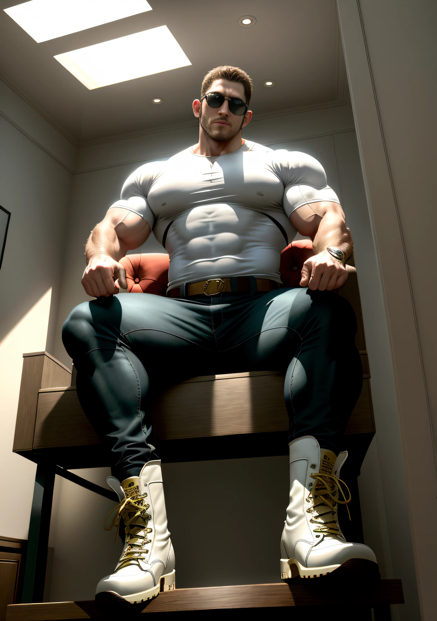 Movie poster, character design (Resident Evil - Chris Redfield, Chris Redfield) wearing smooth cream white spandex tight, lying and standing on soft sofa, high-end luxurious bedroom, muscle male hero, heroic male pose, tall burly, muscular! Wearing sunglasses, sexy charming muscular leg muscles, tall burly and strong, smooth cream white spandex skinny, super gain and cool, high resolution committee, cream white combat boots, attractive strong men, blazing sunlight shining through the window