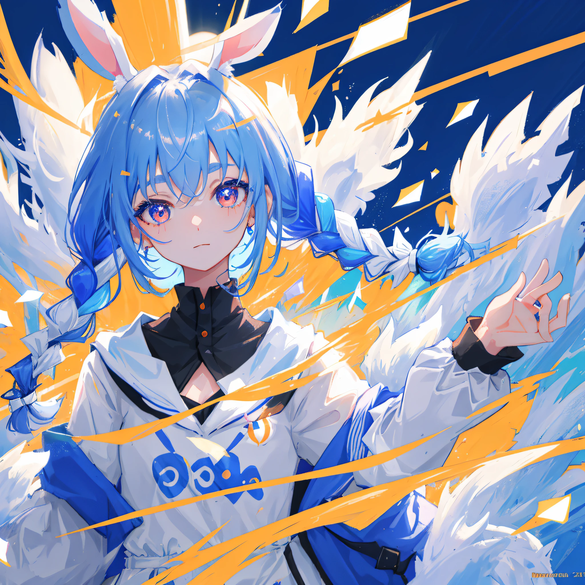 (人物: Usada Pekora), bunny girl, blue hair, twin braids, a girl, solo, {{masterpiece}}, best quality, extremely detailed CG unity 8k wallpaper, cinematic lighting, lens flare, beautiful detail eyes, side glance, colorful light, particles, portrait, close up portrait,