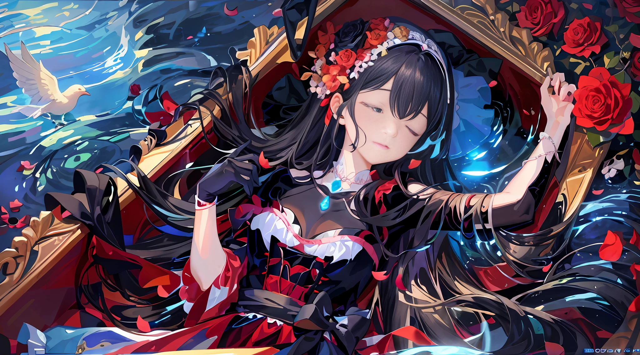 An anime girl with long light cyan hair and wearing a gorgeous conservative black princess dress, with bandages wrapped around her limbs and intricate gemstone ornaments on her head, sleeping in a half-open coffin, surrounded by many rose flowers, surrounded by birds, surrounded by flowing water and pearl shells, holding red flowers in her arms, and a crying and laughing mask next to her face, the whole picture can expose all the girl