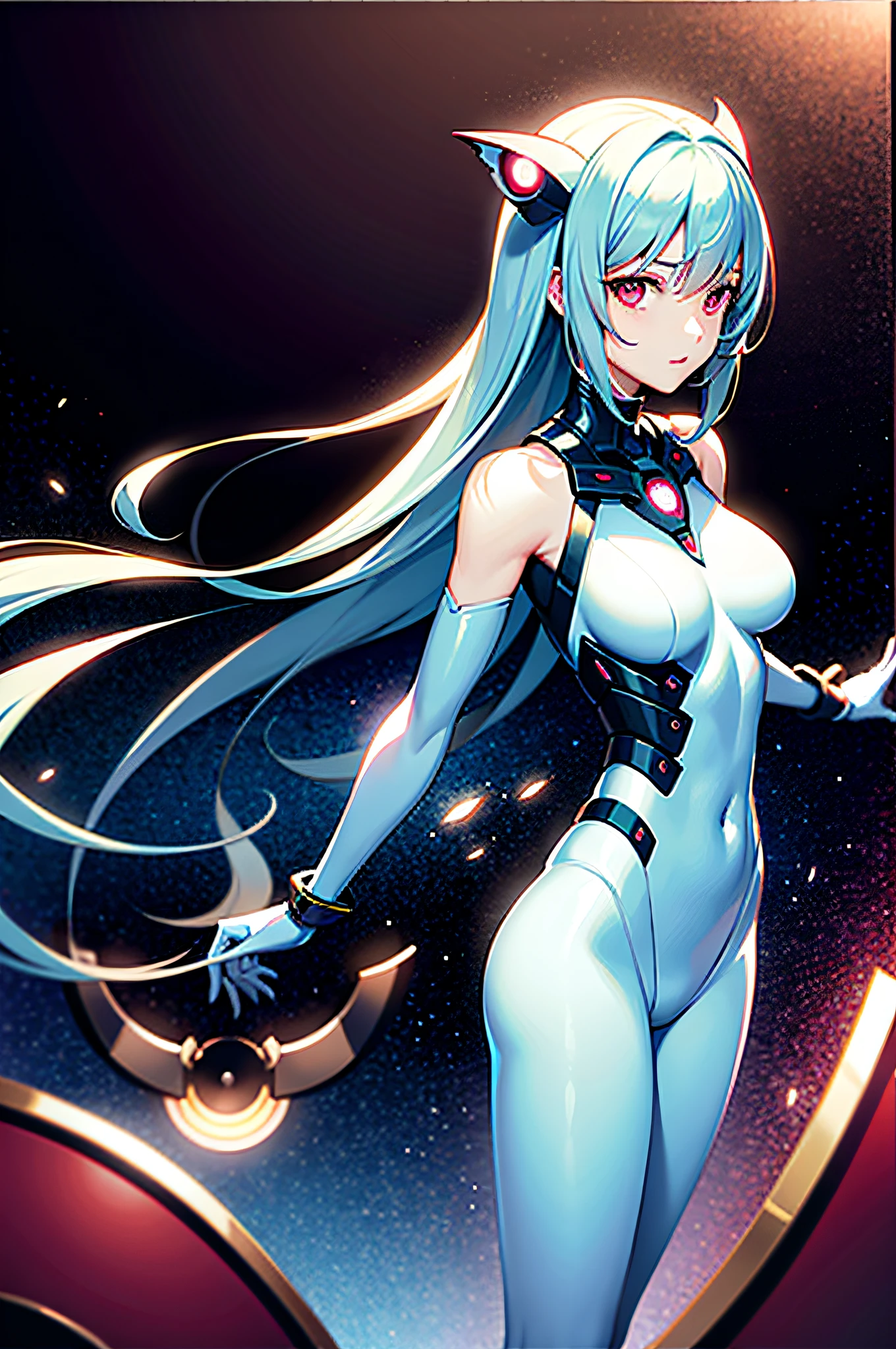 Masterpiece, highest image quality, extremely fine CG, dynamic angle, ultra-high resolution, extremely beautiful mechanical girl, top illustration, mechanical cat ear blessing, the sense of future technology is overflowing. Light blue with light red pupils, engraving, top quality, cool, sense of technology, succubus attributes, semi-nude technology combat suit