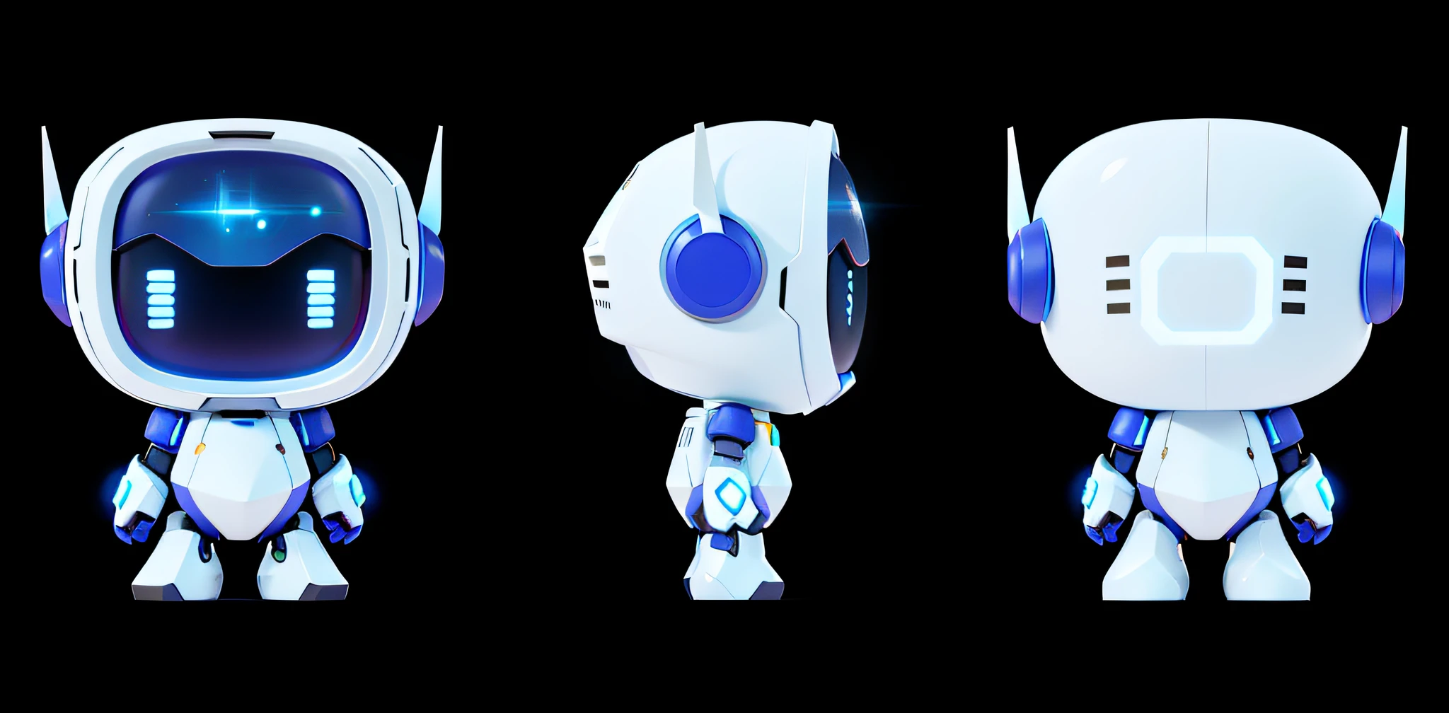 Cute 3D robot character design, three different views, Baymax style, polygon counting trend, digital art, glowing facial features and blue and white body, Ei-Q inspired concept art, three different views, robot and anthropomorphic design elements blended, Overwatch echo and retro style of the Internet god, presenting Sitoy robot characters using 3D renderings of C4D and kawaii, 8-bit gameplay style and cute atmosphere, blender, c4d, HD rendering