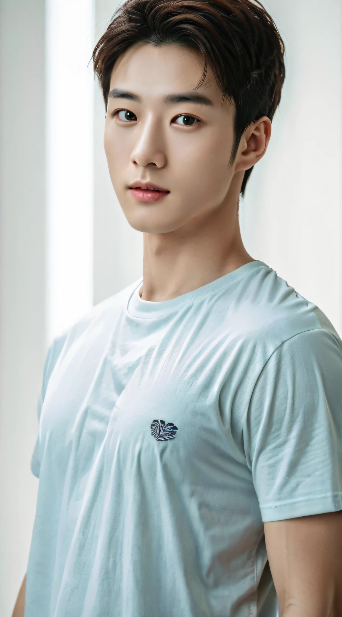 Oppav3, (masterpiece, super high quality, high resolution, 8K, complex: 1.2), (detailed face: 1.2), (wearing t-shirt: 1.5), handsome, detailed skin, pores, absurd, clumsy, 1boy, male focus, (realistic)), good lighting quality, muscle veins, (((pale skin)), curved, balanced eyes, brown eyes,