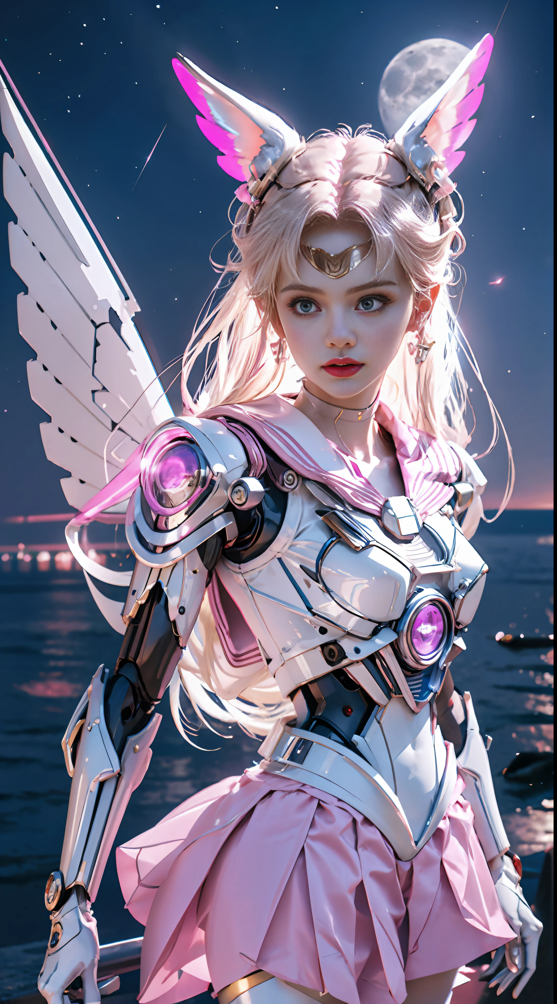 1 mechanical girl: 1.4, Sailor Moon, white mechanical arm, humanoid body, pink sailor suit, good-looking face, sailor Moon, wings, moon hare, rabbit ears, mechanical ears, white top, blonde hair, mechanical arm, pink skirt, side, halo, sci-fi background, hair glowing hair, forehead hair light, moon, panorama, archery, wings on the background