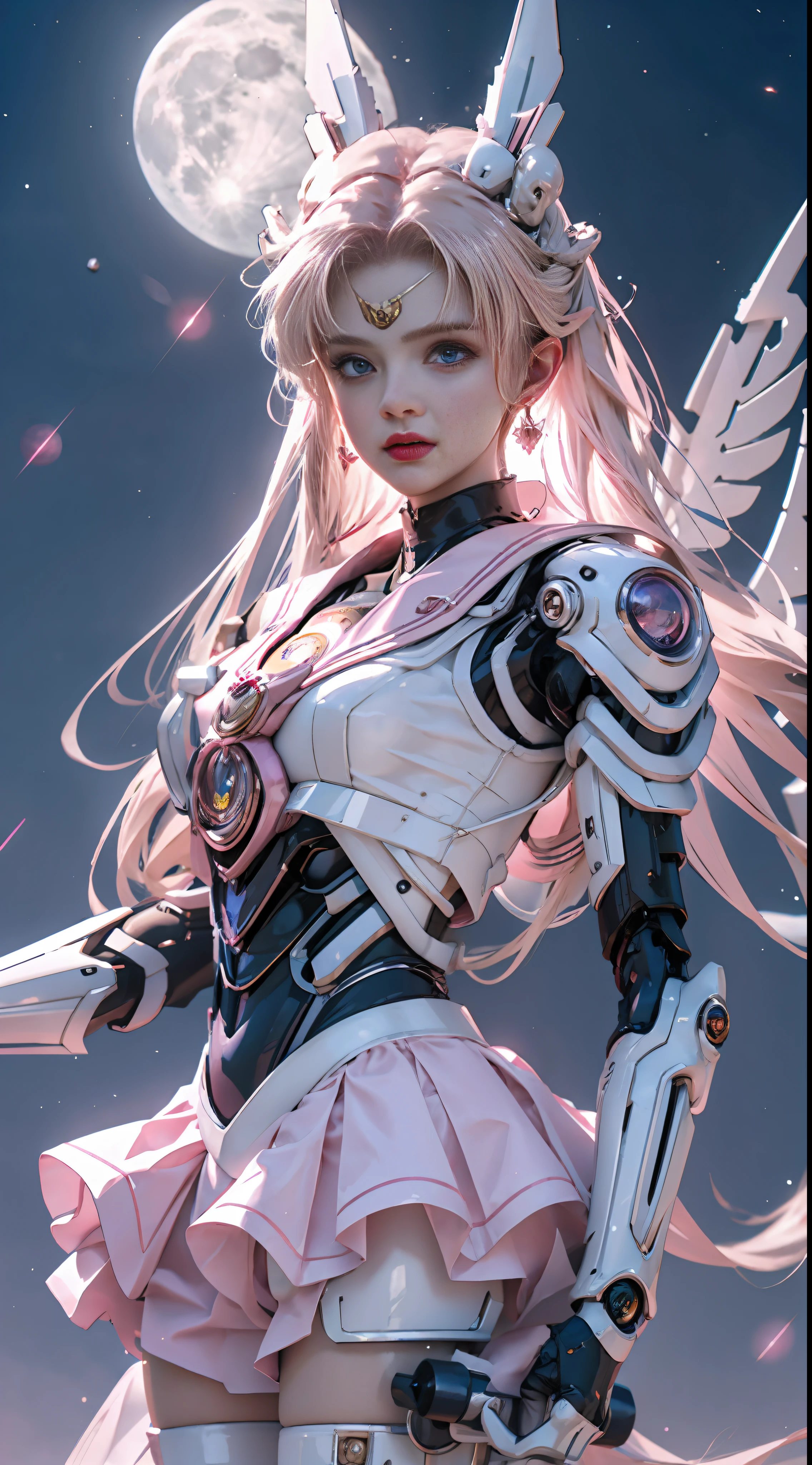 1 mechanical girl: 1.4, Sailor Moon, white mechanical arm, humanoid body, pink sailor suit, good-looking face, sailor Moon, wings, moon hare, rabbit ears, mechanical ears, white top, blonde hair, mechanical arm, pink skirt, side, halo, sci-fi background, hair glowing hair, forehead hair light, moon, panorama, archery, wings on the background