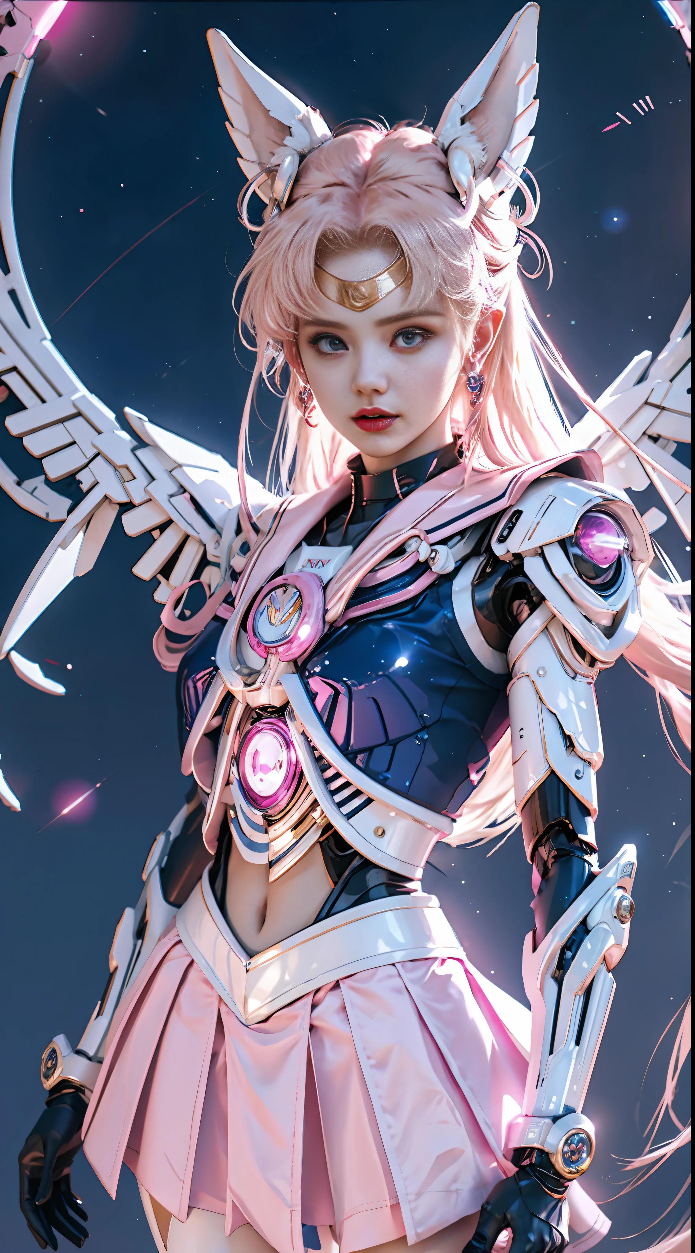 1 mechanical girl: 1.4, Sailor Moon, white mechanical arm, humanoid body, pink sailor suit, good-looking face, sailor Moon, wings, moon hare, rabbit ears, mechanical ears, white top, blonde hair, mechanical arm, pink skirt, side, halo, sci-fi background, hair glowing hair, forehead hair light, moon, panorama, archery, wings on the background