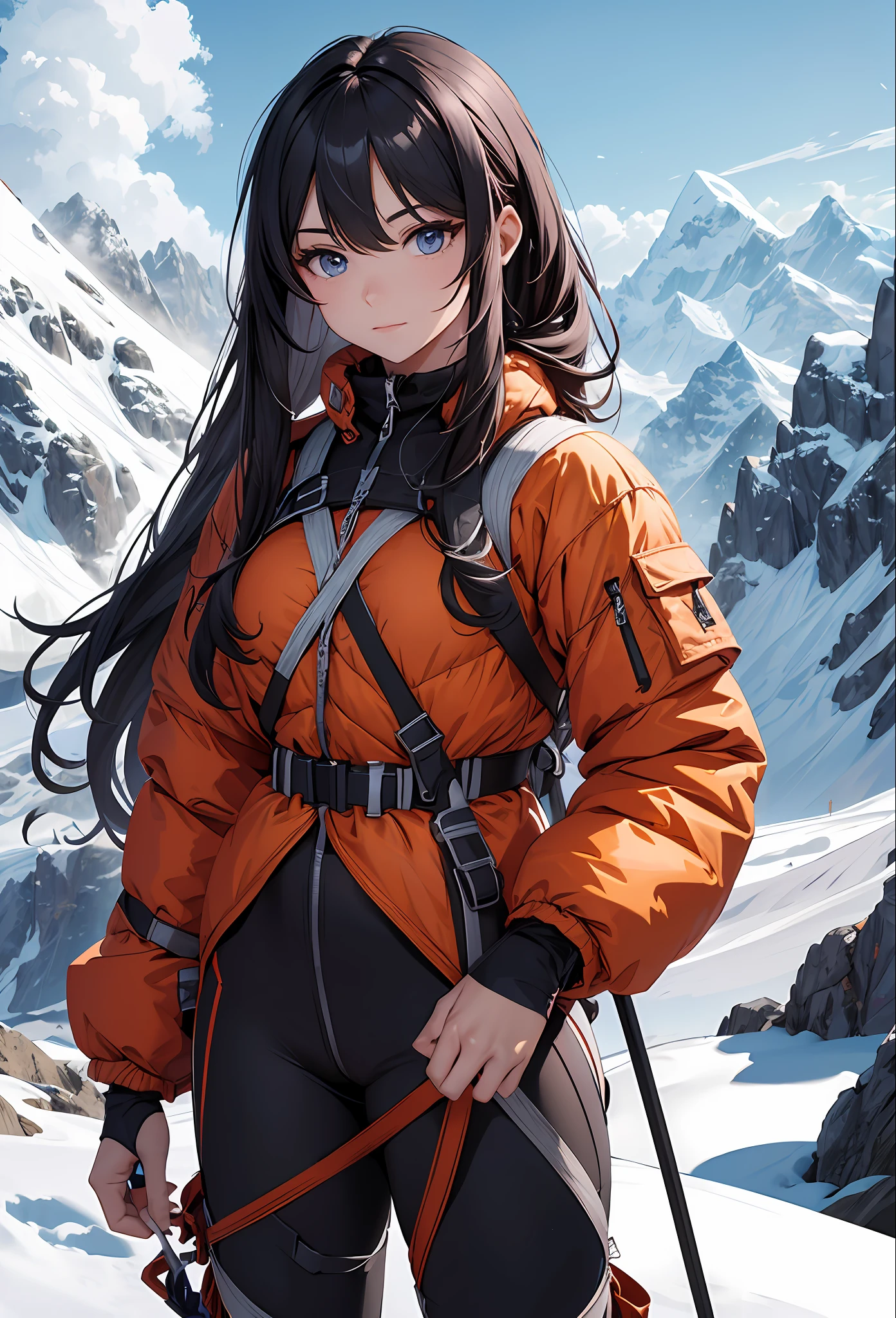 Best quality, masterpiece, beautiful mountain climber, sexy mountaineering outfit, gradient long hair, perfect, detailed, intricate, ropes, mountaineering gear