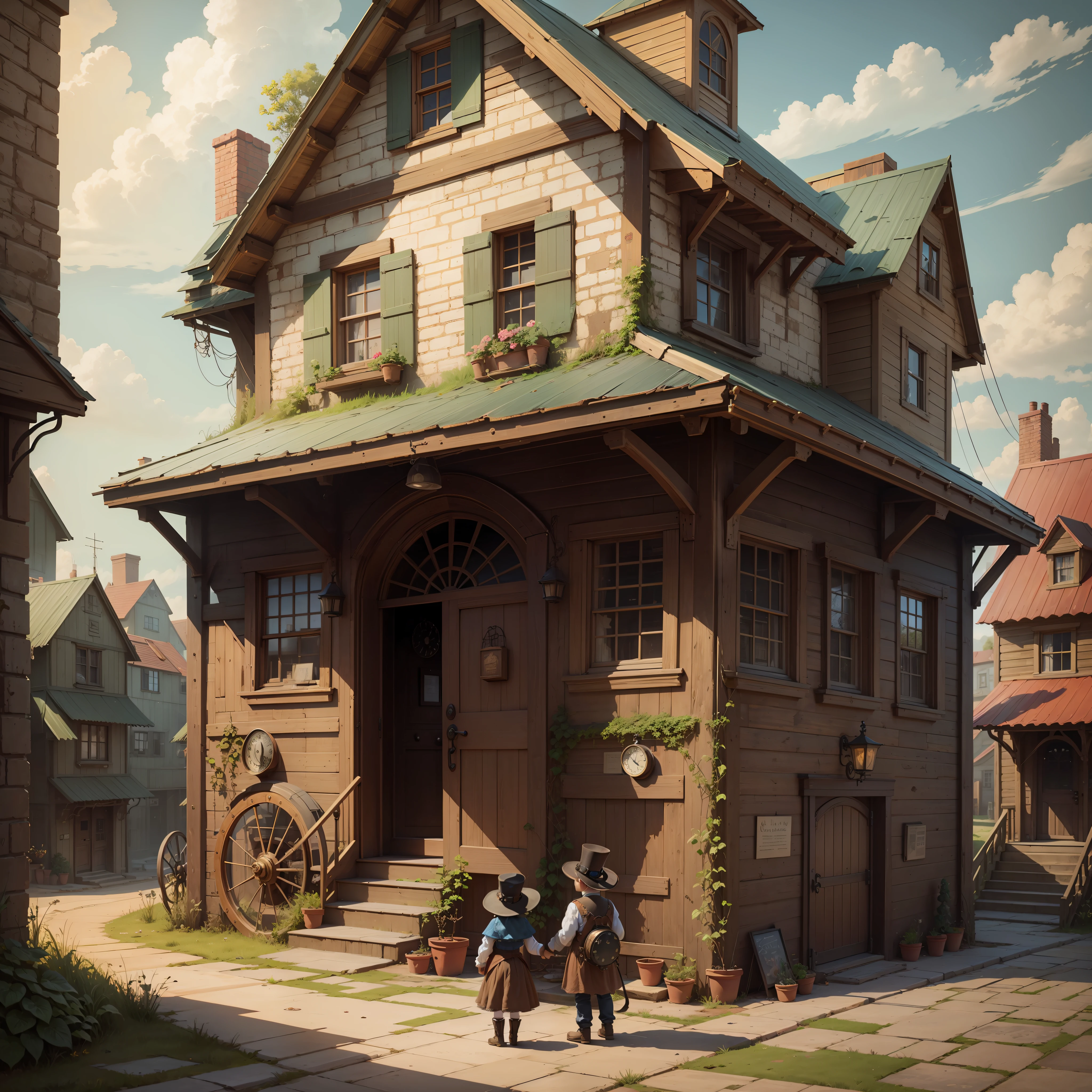 game house. Steampunk style, old town, a sad 4--old ple at the door --auto --s2