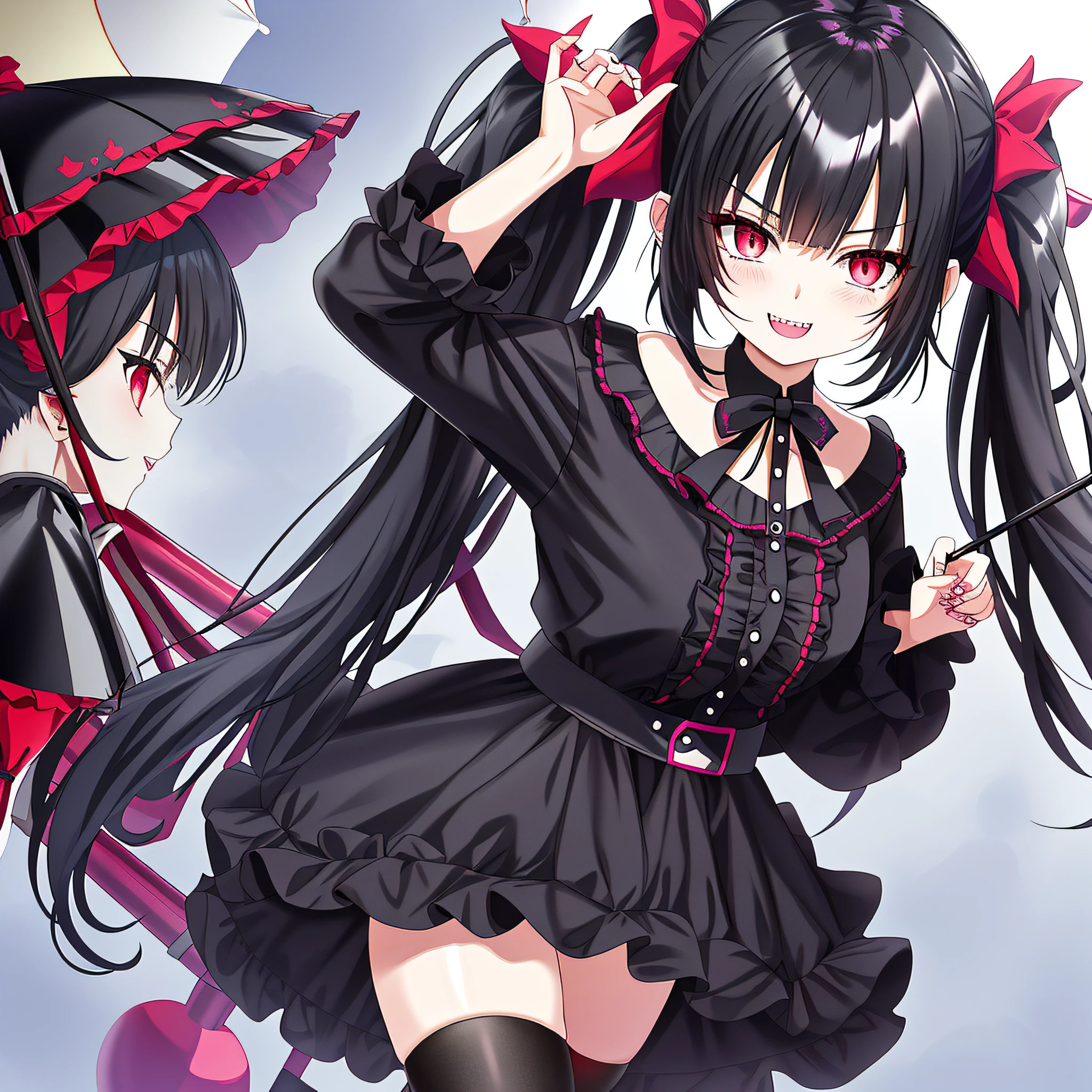 Goth , twin tails, hair is black, poses with hands behind her back, devilish, double teeth, girl, expression is mischievous, location is amusement park, anime, holding a parasol
