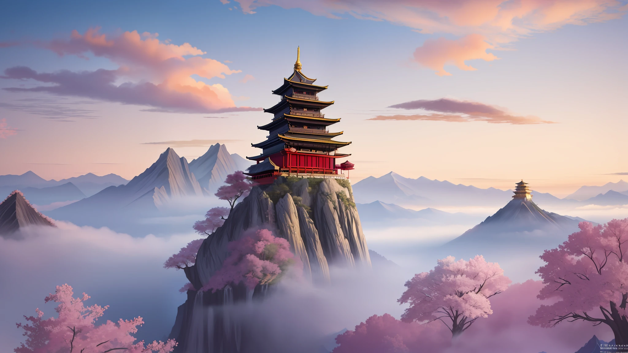 there is a painting of a mountain with a pagoda in the middle, amazing wallpaper, 8k high quality detailed art, beautiful wallpaper, anime landscape wallpaper, anime background, ross tran. scenic background, anime art wallpaper 4 k, anime art wallpaper 4k, detailed fantasy digital art, 4k vertical wallpaper, 4 k vertical wallpaper, anime background art, chinese fantasy