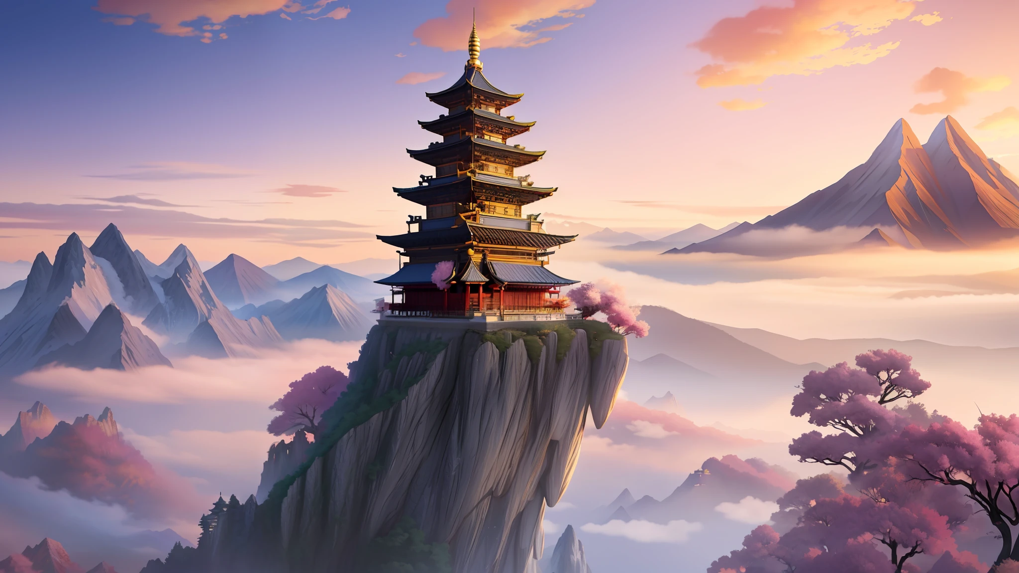 there is a painting of a mountain with a pagoda in the middle, amazing wallpaper, 8k high quality detailed art, beautiful wallpaper, anime landscape wallpaper, anime background, ross tran. scenic background, anime art wallpaper 4 k, anime art wallpaper 4k, detailed fantasy digital art, 4k vertical wallpaper, 4 k vertical wallpaper, anime background art, chinese fantasy