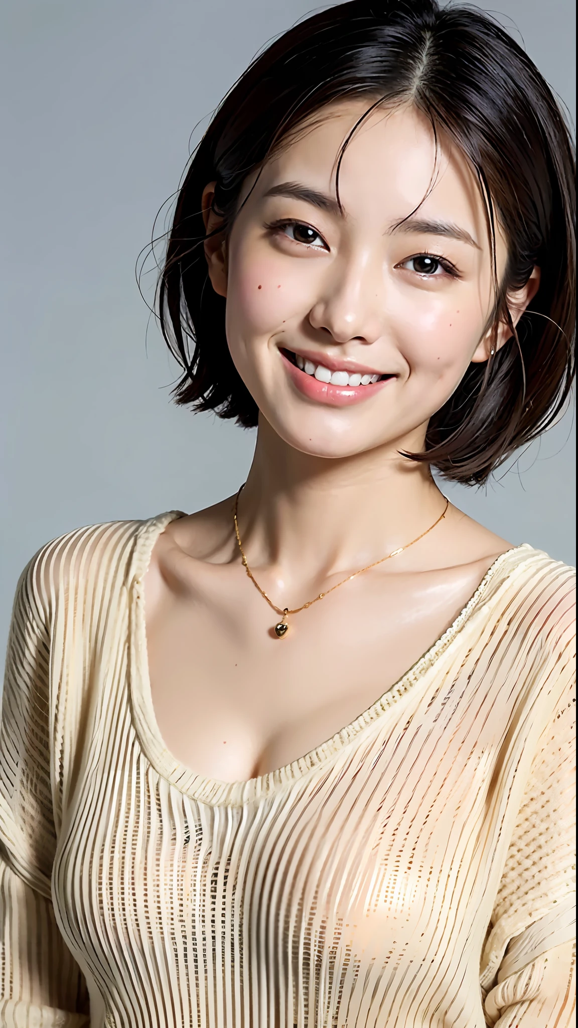 (Best Quality, 8k, 32k, Masterpiece, UHD: 1.2), Cute Japan Woman Pictures, Big Breasts, Very Short Bob Hair, Upper Body, (oversized_sweater, :1.1) Necklace, Simple Background, Look Around, Smiling, About 25 Years Old