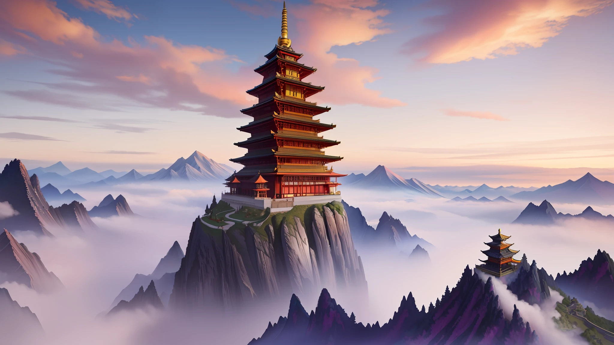 there is a painting of a mountain with a pagoda in the middle, amazing wallpaper, 8k high quality detailed art, beautiful wallpaper, anime landscape wallpaper, anime background, ross tran. scenic background, anime art wallpaper 4 k, anime art wallpaper 4k, detailed fantasy digital art, 4k vertical wallpaper, 4 k vertical wallpaper, anime background art, chinese fantasy