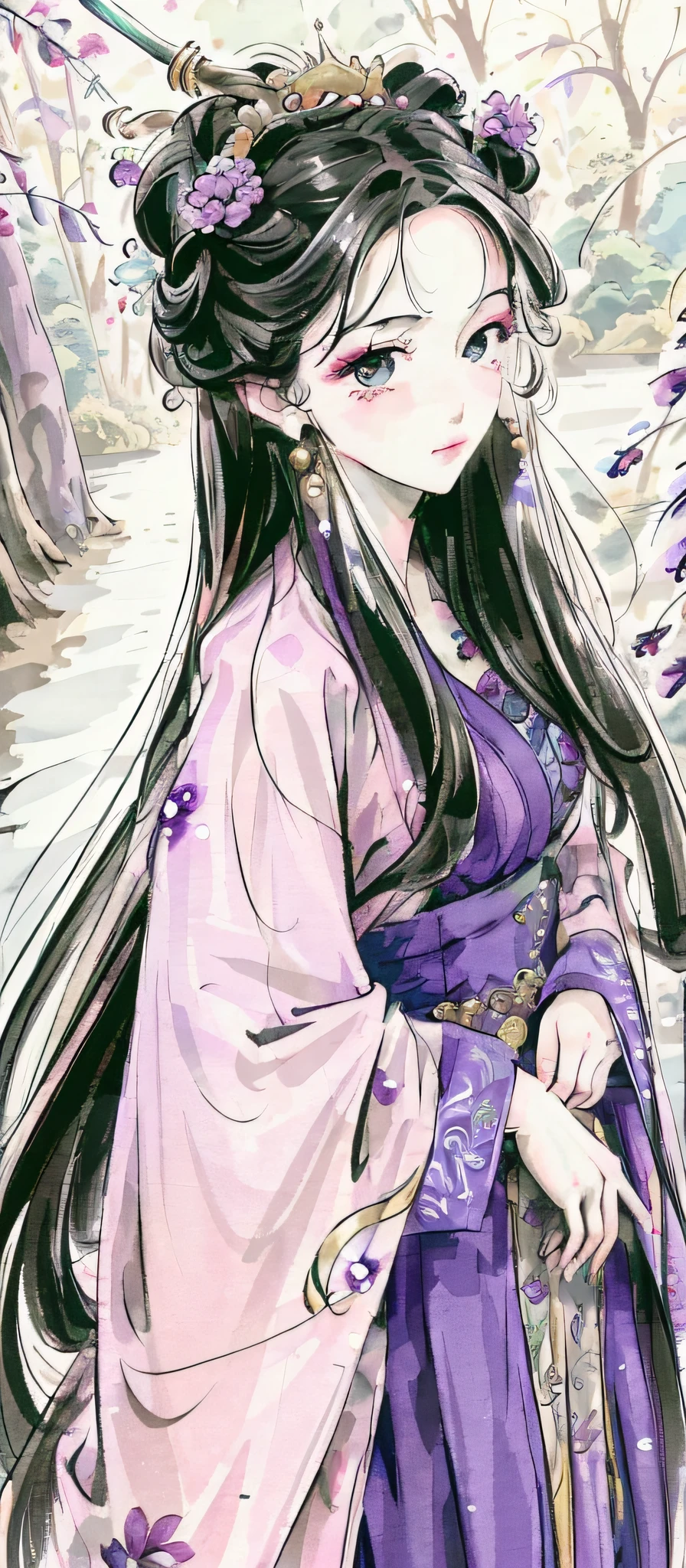 masterpiece, top quality, official art, 8k wallpaper, highly detailed illustration, single woman, woman in her 40s, long hair, queen, majesty, pink tint, purple eyes, long hair, detailed eyes, forest, bare shoulders, han clothes, lake, calm, sober eyes, wisteria flower, flower