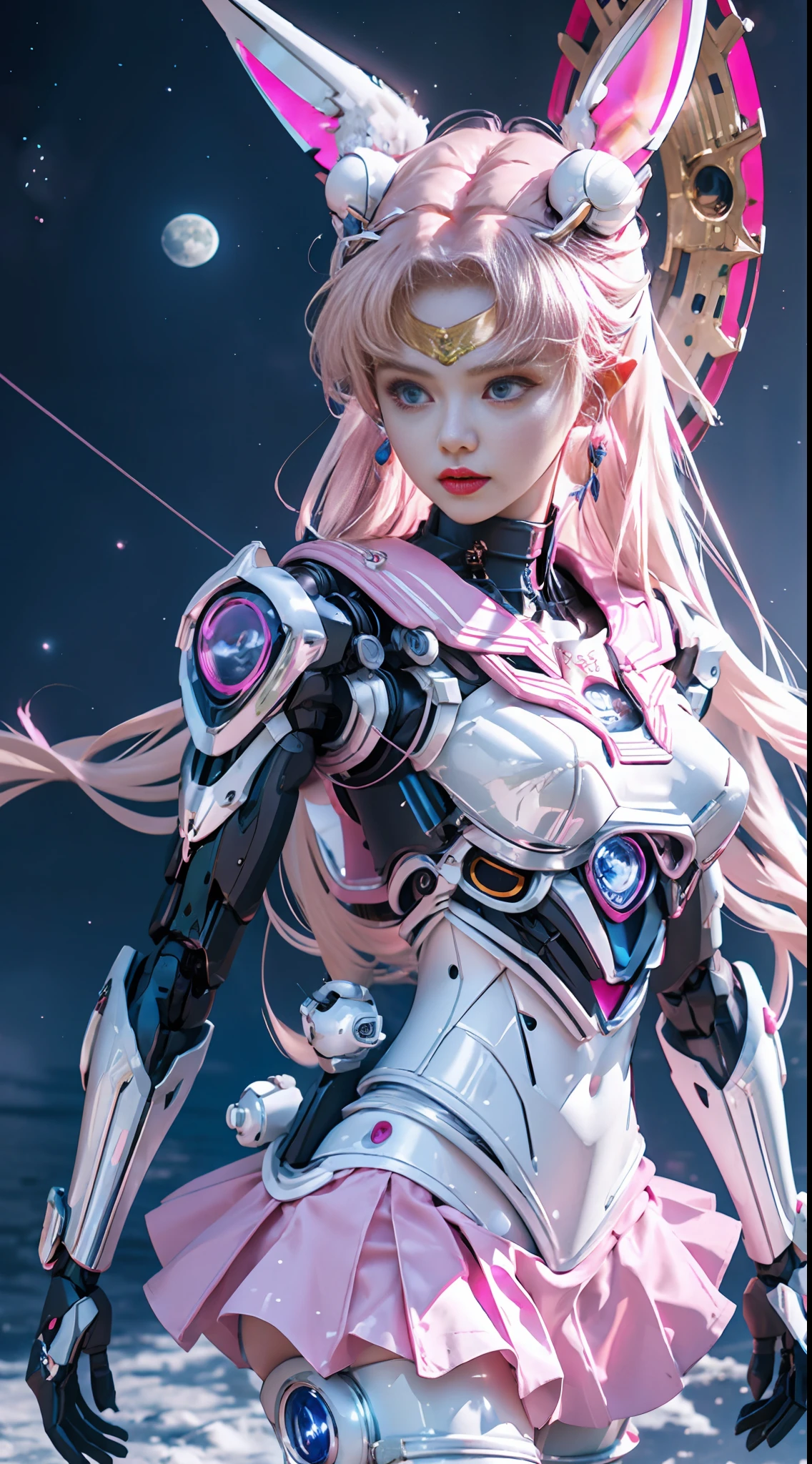 1 mechanical girl: 1.4, Sailor Moon, white robotic arm, humanoid body, pink sailor suit, good-looking face, sailor Moon, wings, moon hare, rabbit ears, mechanical ears, white top, blonde hair, mechanical arm, pink skirt, side, heart-shaped robot in background, sci-fi background, complex background, glowing hair, shiny forehead, moon on background, panorama, archery