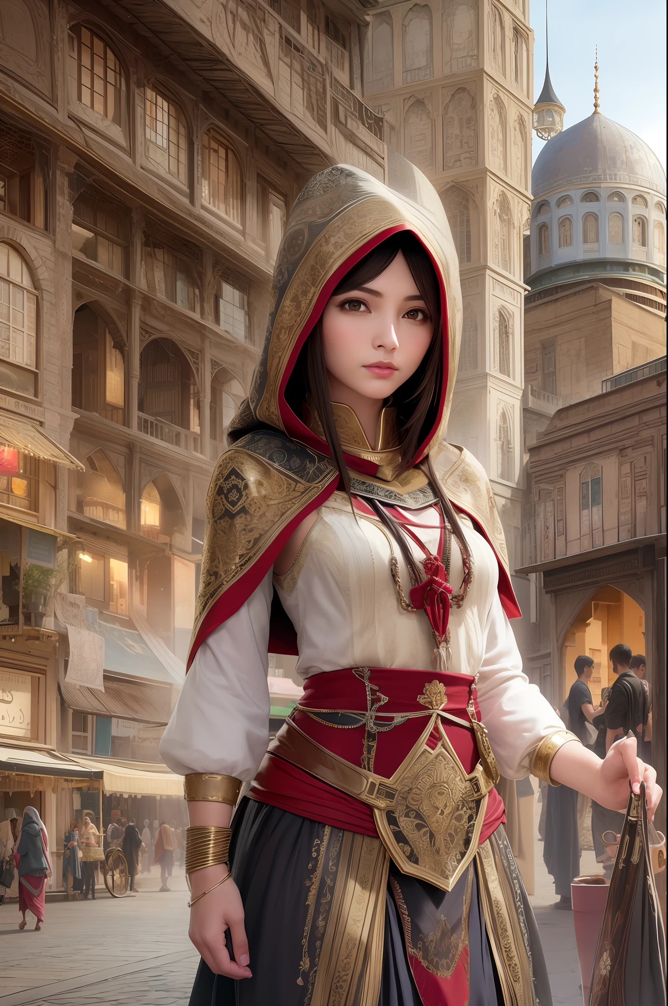 Create a stunning Assassin’s Creed Concept Art piece in the style of ultra-realistic, ultra-detailed visuals. Depict a young and graceful girl wearing traditional Persian clothing, complete with a hood, as she navigates through the vibrant bazaar of a bustling Persian town. Capture the intricate details of the architecture, the rich textures of the fabrics, and the vivid colors of the market stalls, transporting viewers to a vivid and immersive world