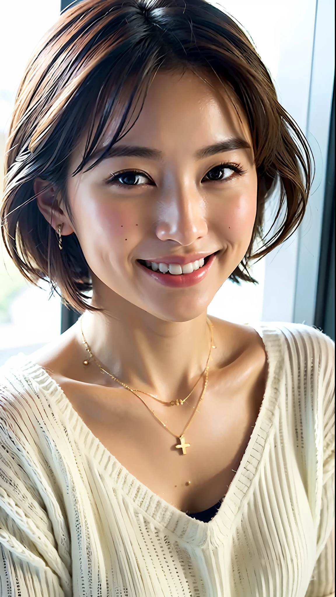 (Best Quality, 8k, 32k, Masterpiece, UHD: 1.2), Cute Japan Woman Pictures, Big Breasts, Very Short Bob Hair, Upper Body, (oversized_sweater, :1.1) Necklace, Simple Background, Look Around, Smiling, About 25 Years Old
