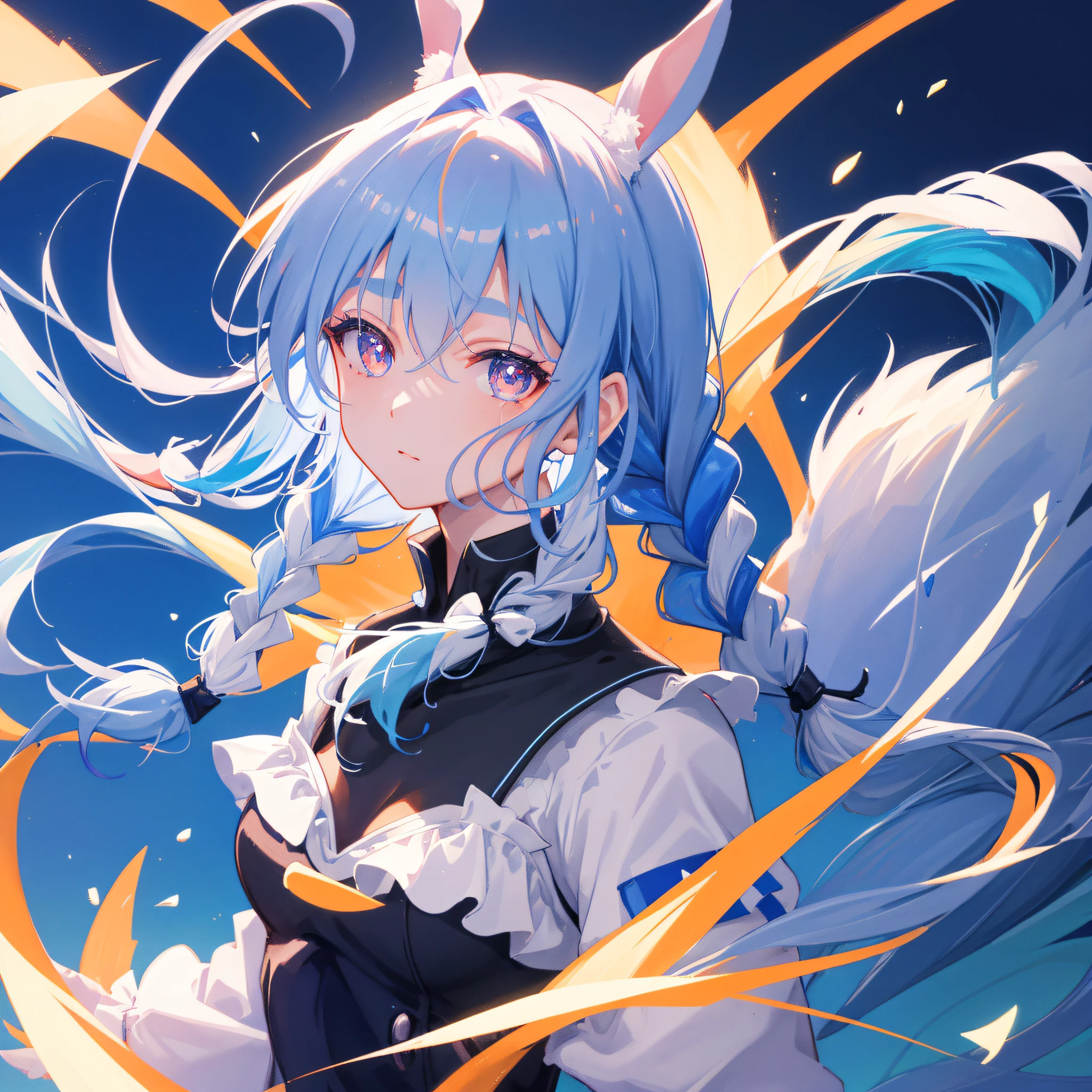 (人物: Usada Pekora), bunny girl, blue hair, twin braids, a girl, solo, {{masterpiece}}, best quality, extremely detailed CG unity 8k wallpaper, cinematic lighting, lens flare, beautiful detail eyes, side glance, colorful light, particles, portrait, close up portrait,