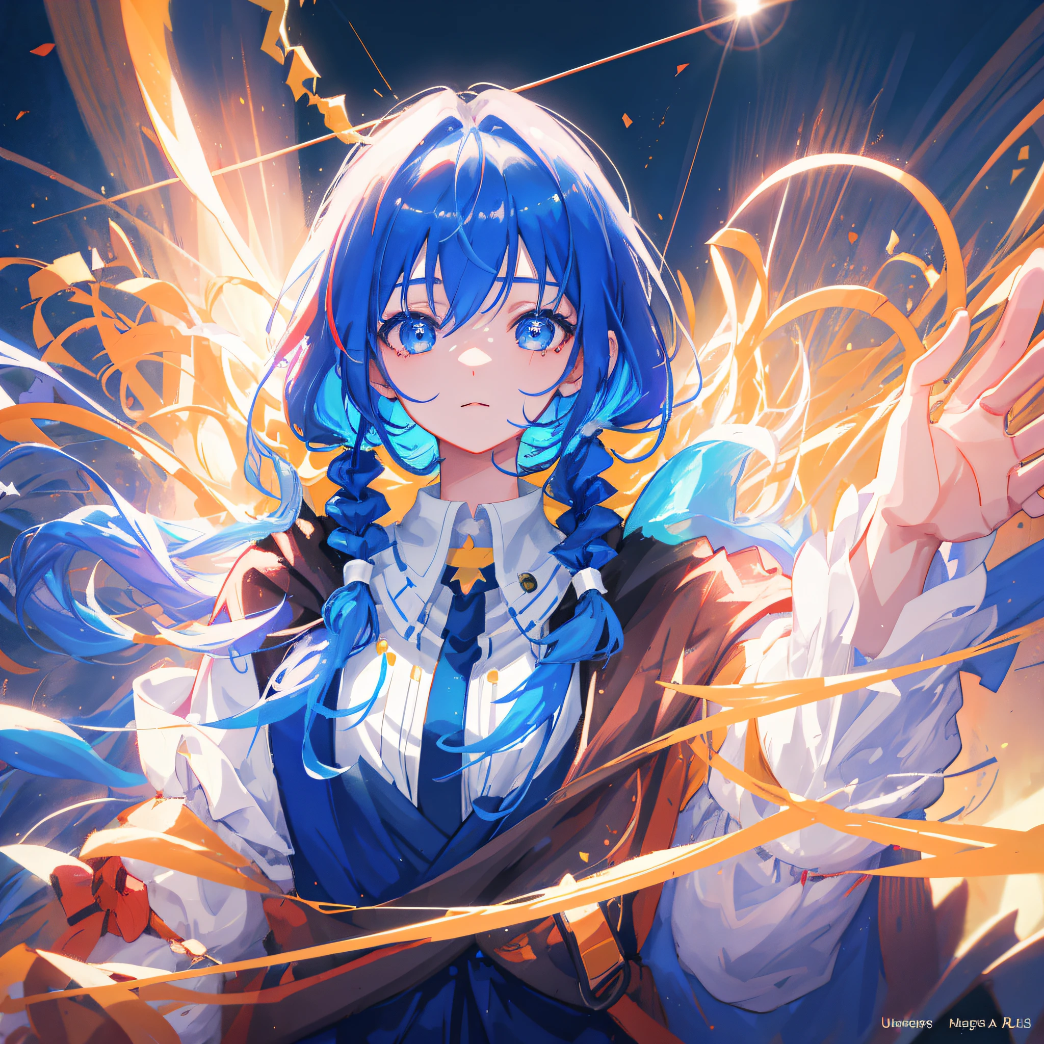 (人物: Usada Pekora), bunny girl, blue hair, twin braids, a girl, solo, {{masterpiece}}, best quality, extremely detailed CG unity 8k wallpaper, cinematic lighting, lens flare, beautiful detail eyes, side glance, colorful light, particles, portrait, close up portrait,
