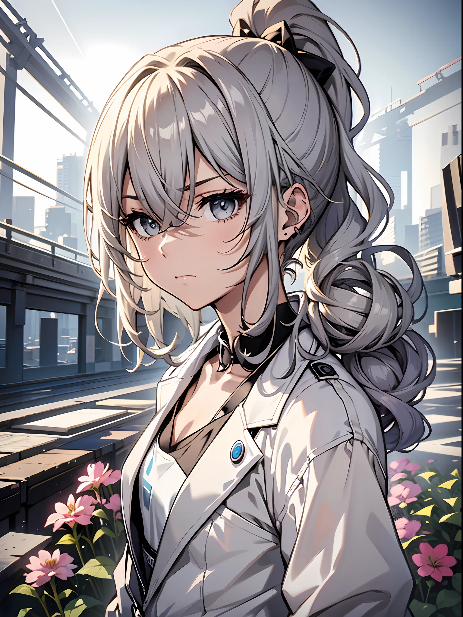 Exquisite masterpiece, best quality, illustration style, anime girl, beautiful eyes, close one eye, natural expression, gray curly ponytail, white shirt with black blazer, small, heartwarming, body movements full of tension, youthful and beautiful, mobile capture, picture white, movie light effects, super texture, super clear and concise picture, presenting extremely beautiful, elegant temperament, delicate face, outdoor background, flowers, long-distance shooting