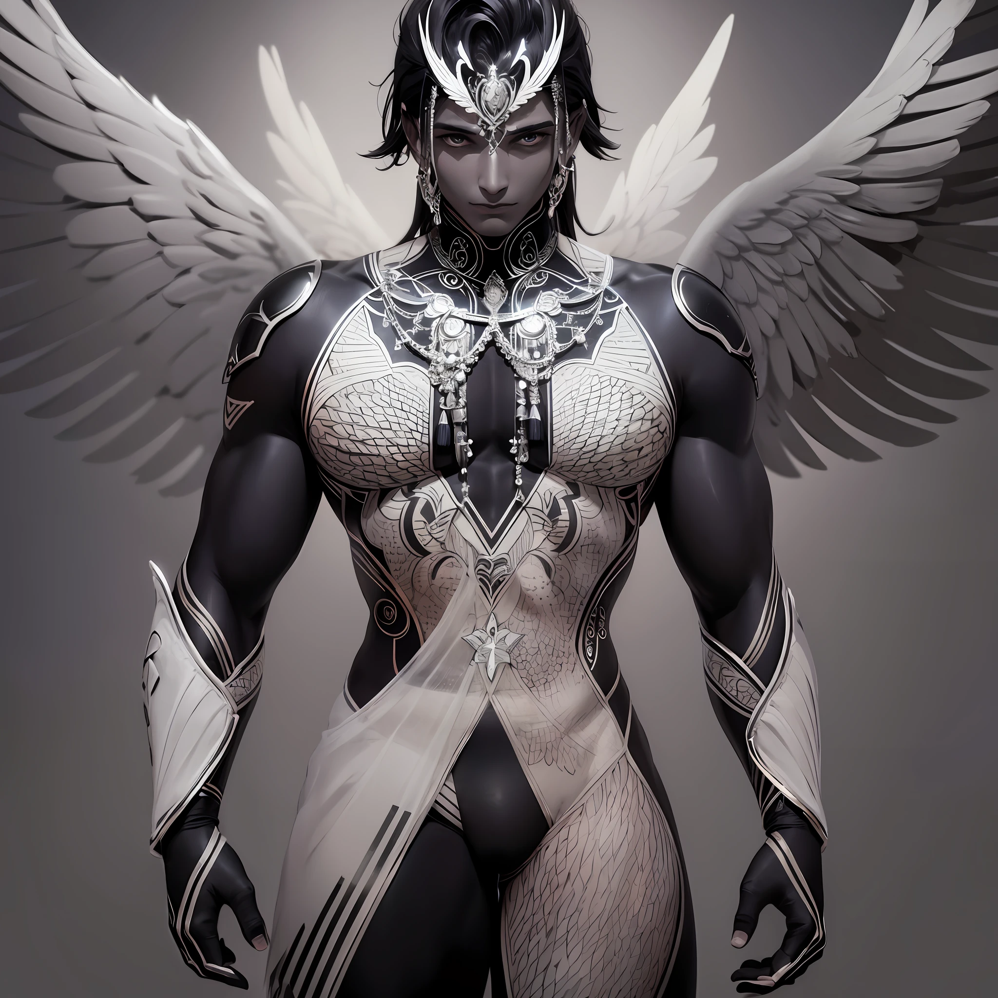 A Indian male human with angel wings on his back, wings color is dark black, a dark superhero pose, standing ready to fly, athletic body, --auto --s2