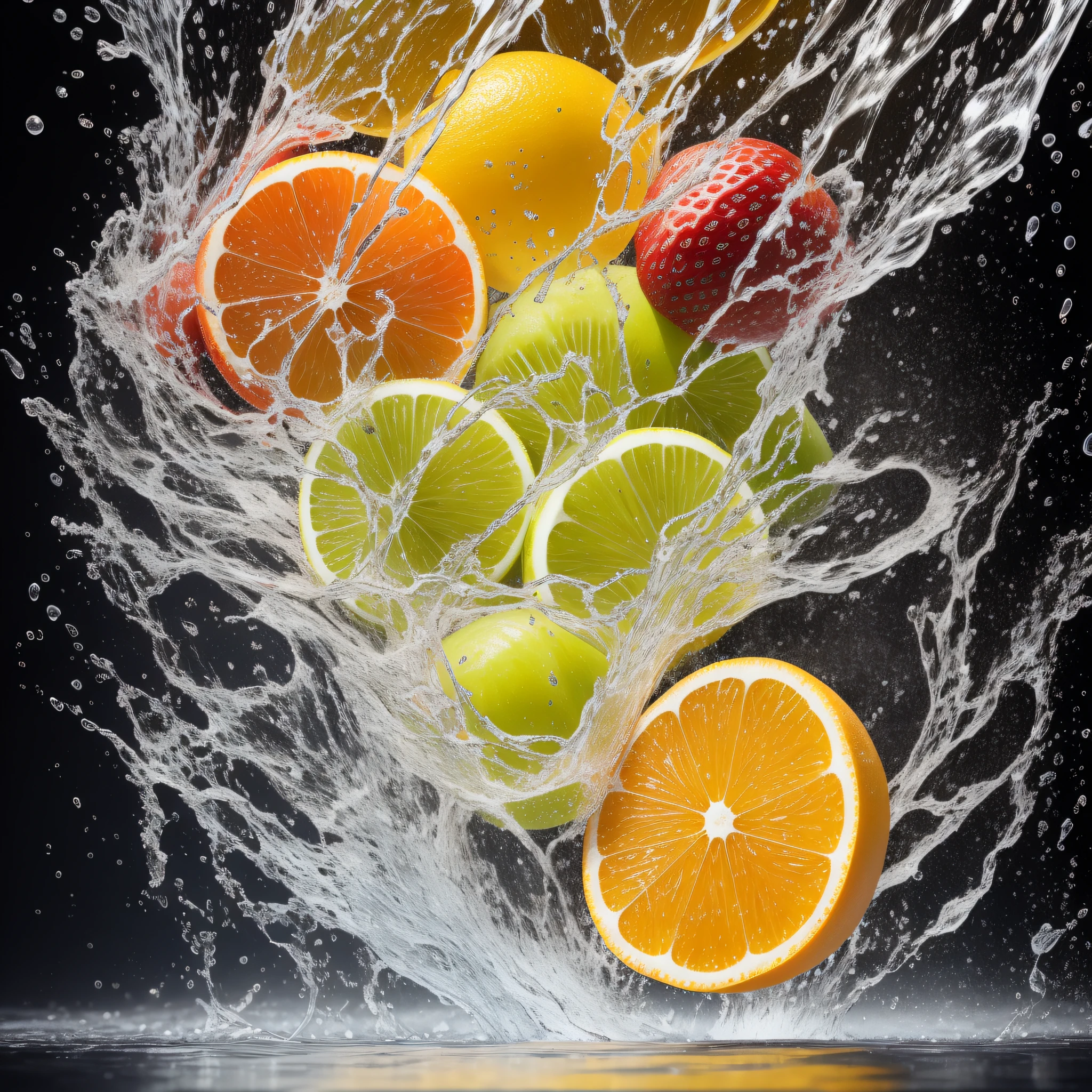 fresh various fruits seamless background, dropping in the water, splash water. shot using a leica camera,professional color grading. food magazine photography. iso 300. award winning photography. advertising photography. clean sharp focus. high - end retouching.commercial photography. soft shadows. --ar 1:2 --s 500 --uplight --v 5