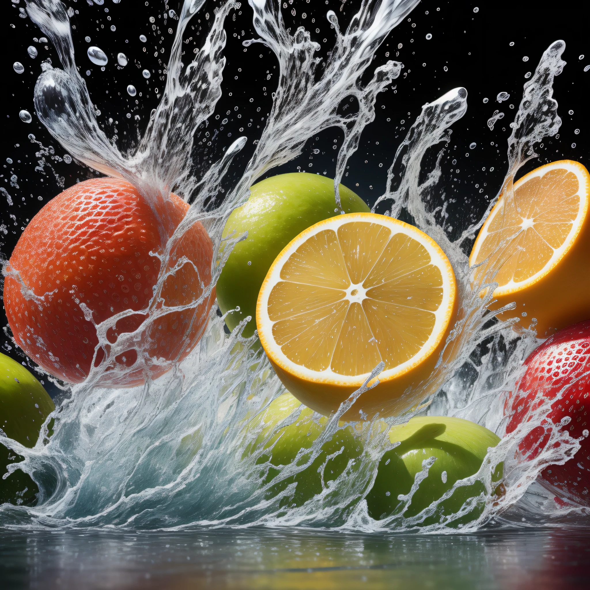 fresh various fruits seamless background, dropping in the water, splash water. shot using a leica camera,professional color grading. food magazine photography. iso 300. award winning photography. advertising photography. clean sharp focus. high - end retouching.commercial photography. soft shadows. --ar 1:2 --s 500 --uplight --v 5
