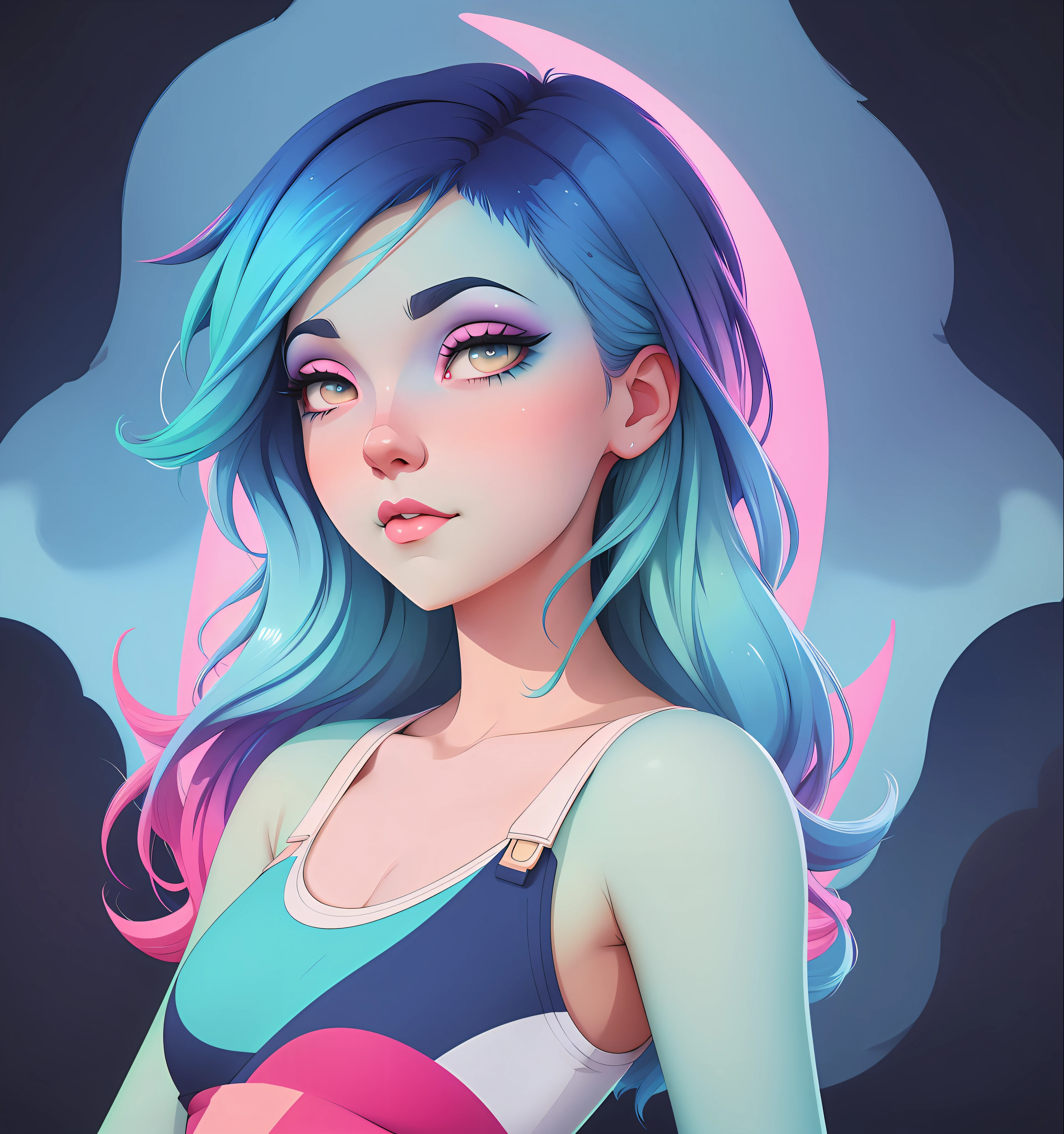 cartoon girl with blue hair and pink makeup posing for a picture, 2 d illustration, 2d illustration, 2d digital illustration, loish art style, inspired by loish, 2d matte illustration, anime styled 3d, matte digital illustration, kawaii realistic portrait, loish |, painted character portrait, 3 d render stylized, low detailed. digital painting