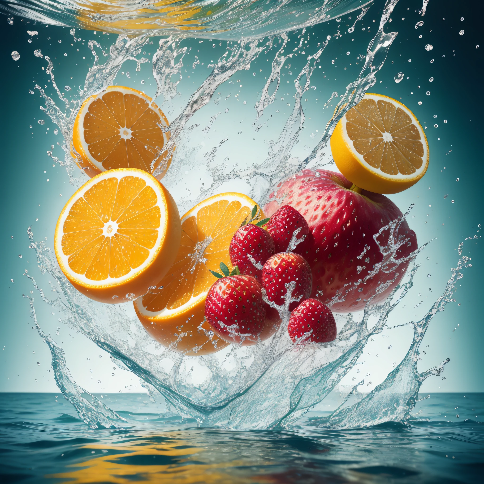 fresh various fruits seamless background, dropping in the water, splash water. shot using a leica camera,professional color grading. food magazine photography. iso 300. award winning photography. advertising photography. clean sharp focus. high - end retouching.commercial photography. soft shadows. --ar 1:2 --s 500 --uplight --v 5