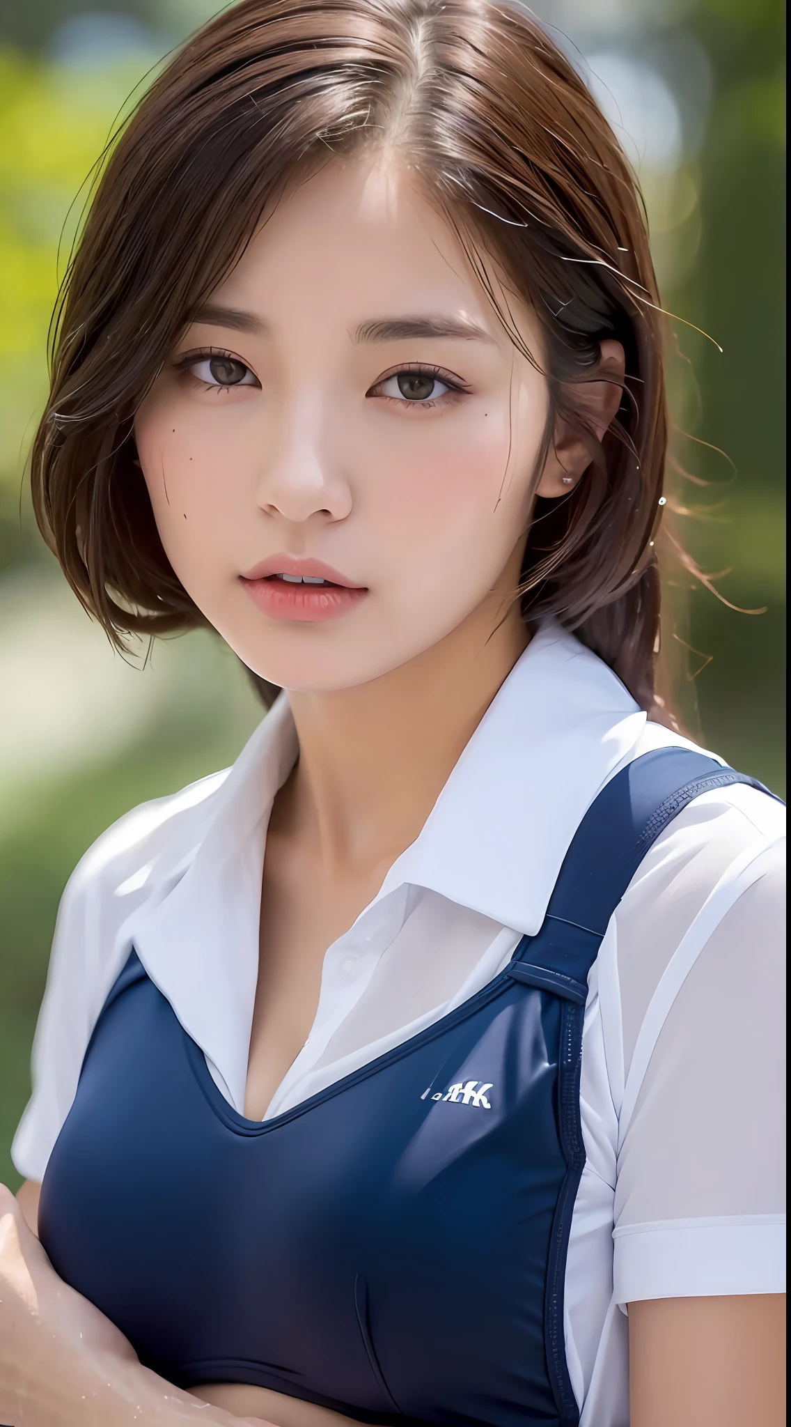 ((Top Quality, 8K, Masterpiece: 1.3)), Beautiful Woman with Perfect Figure: 1.4, Dark Brown Hair, Big, Exposed Cleavage, Shirt in Uniform (Shirt Lift: 1.4), (Show Off School Swimsuit: 1.3), Highly Detailed Face and Skin Texture, Detailed Eyes, Double Eyelids, Wet Body: 1.2, Wet Face