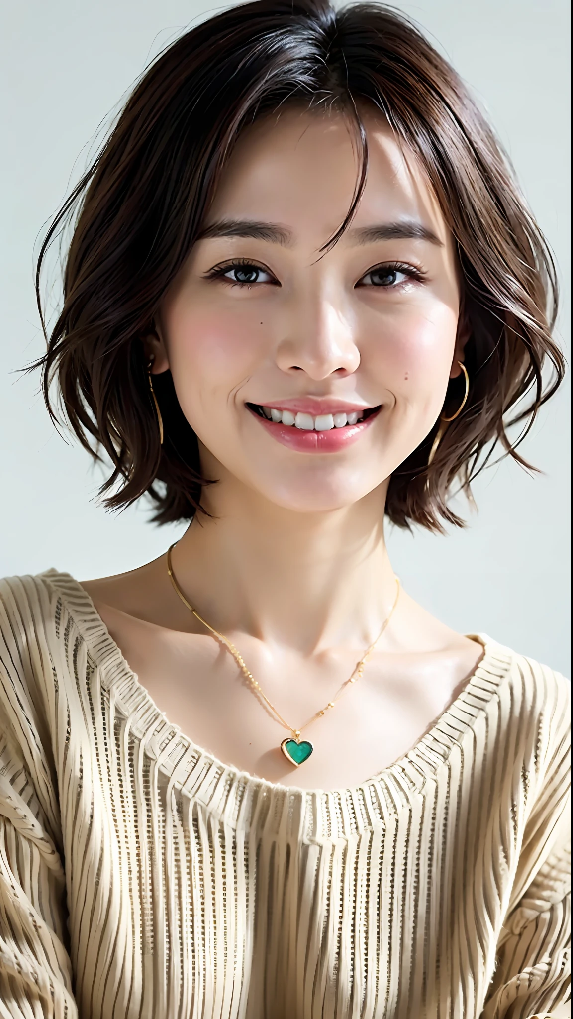 (Best Quality, 8k, 32k, Masterpiece, UHD: 1.2), Cute Japan Woman Pictures, Big Breasts, Very Short Bob Hair, Upper Body, (oversized_sweater, :1.1) Necklace, Simple Background, Look Around, Smiling, About 25 Years Old