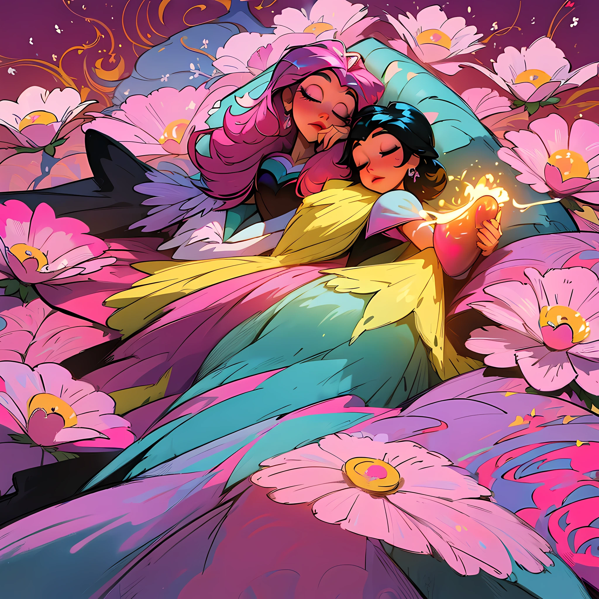(Masterpiece, Top Quality, Best Quality, Official Art, Beauty and Aesthetics: 1.2), (1girl: 1.3), Very Detailed, (Fractal Art: 1.1), (Pink: 1.1) (Flowers: 1.3), Most Verbose, (Zentangle: 1.2), (Dynamic Pose), (Abstract Background: 1.3), (Shiny Skin), (Many Colors: 1.4), ,( earrings), (Disney princess sleeping beauty:1.5), (Flamethrower:1.3), red background, Phoenix skirt