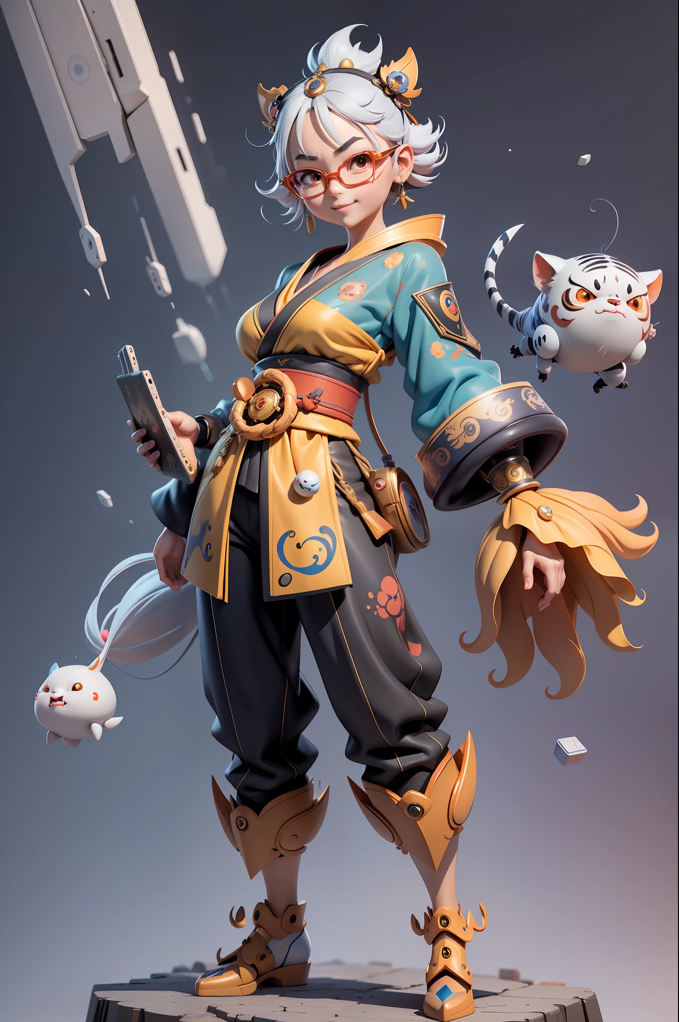 (Masterpiece), (Excellent), (Super Meticulous), (Full Body: 1.2), Super Young Woman, Japanese Geisha, Beauty, Chinese Dragon, Tiger, Wind God Thor, Sexy, Bursting, Oriental Face, TV Anchor, Bust Portrait Illustration, Alone, Black Suit, Blue Tie, Slightly Chubby, Very Clean Face, Silver Glasses, Black Super Short Hair, Black Eyes, Confident Smile, 3c Computer Sub-Products, iPad, iPhone, Digital Painting, 3D character design by Mark Clairedon and Pixar and Hayao Miyazaki and Akira Toriyama, the illustrations are HD illustrations in 4K resolution with highly detailed facial features and cartoon-style visuals.