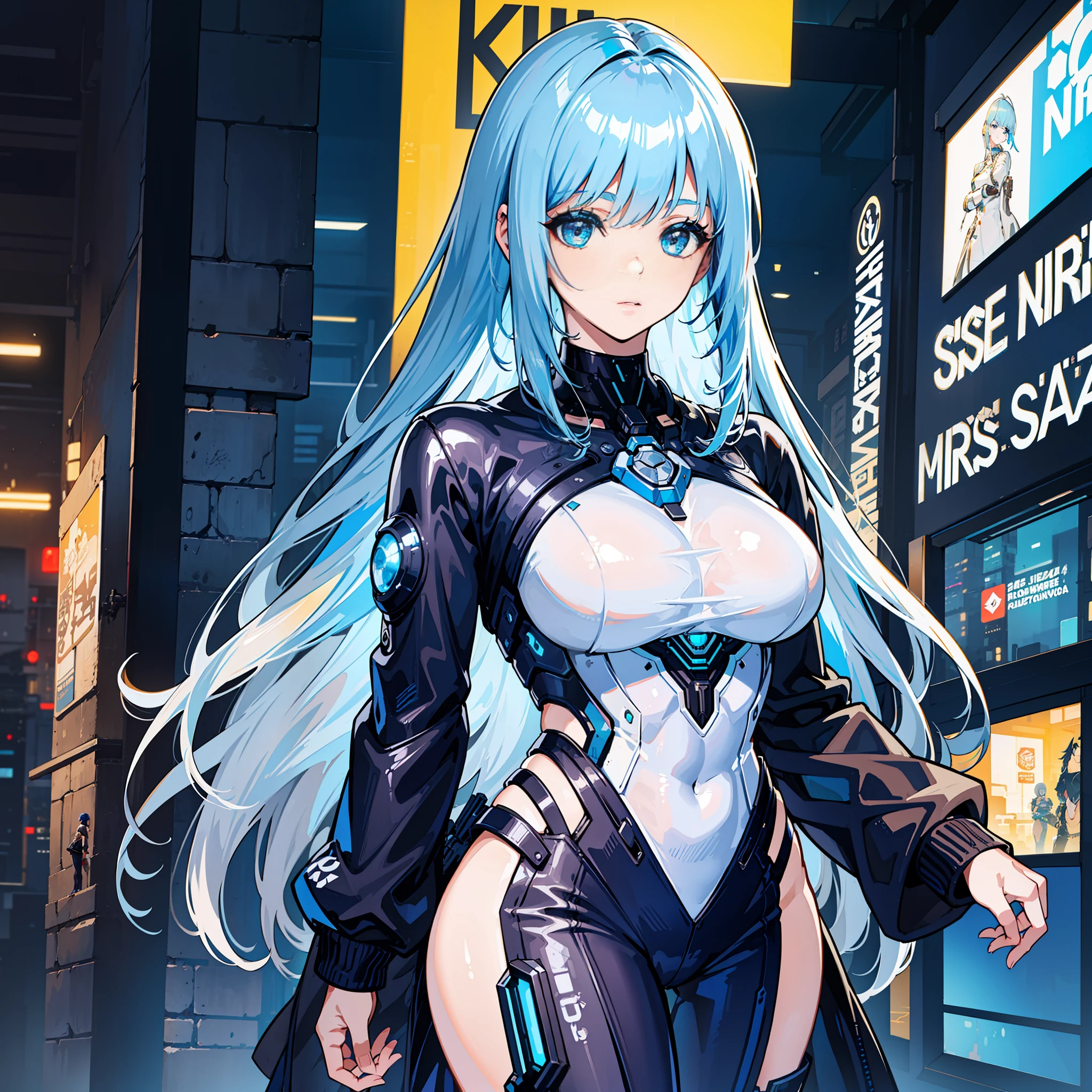 woman, stylish, silver and light blue hair, shortcut, cyberpunk 2077, near future, black suit, white jacket, night,