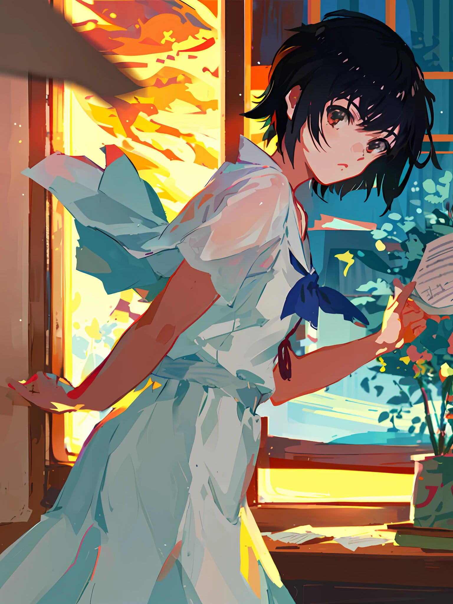 A girl in front of the window on a rainy day, floating down a piece of paper, masterpiece, sunset, flat illustration, Shinkai Makoto, fine, depth of field