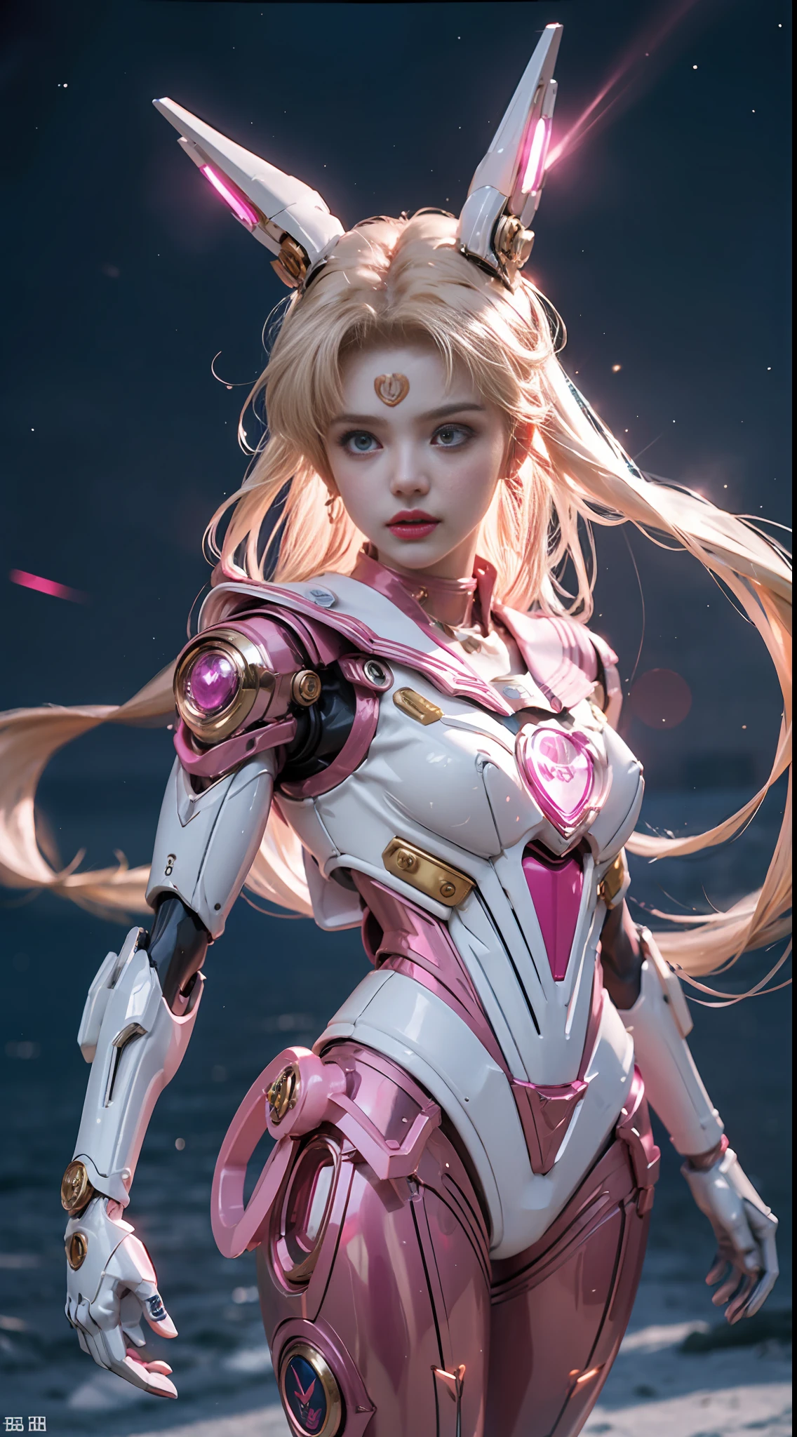 1 mechanical girl: 1.4, Sailor Moon, gun, mechanical arm, mechanical body, pink sailor suit, good-looking face, sailor Moon, moon hare, blonde hair, mechanical arm, random pose, heart-shaped robot in the background, hair glowing light