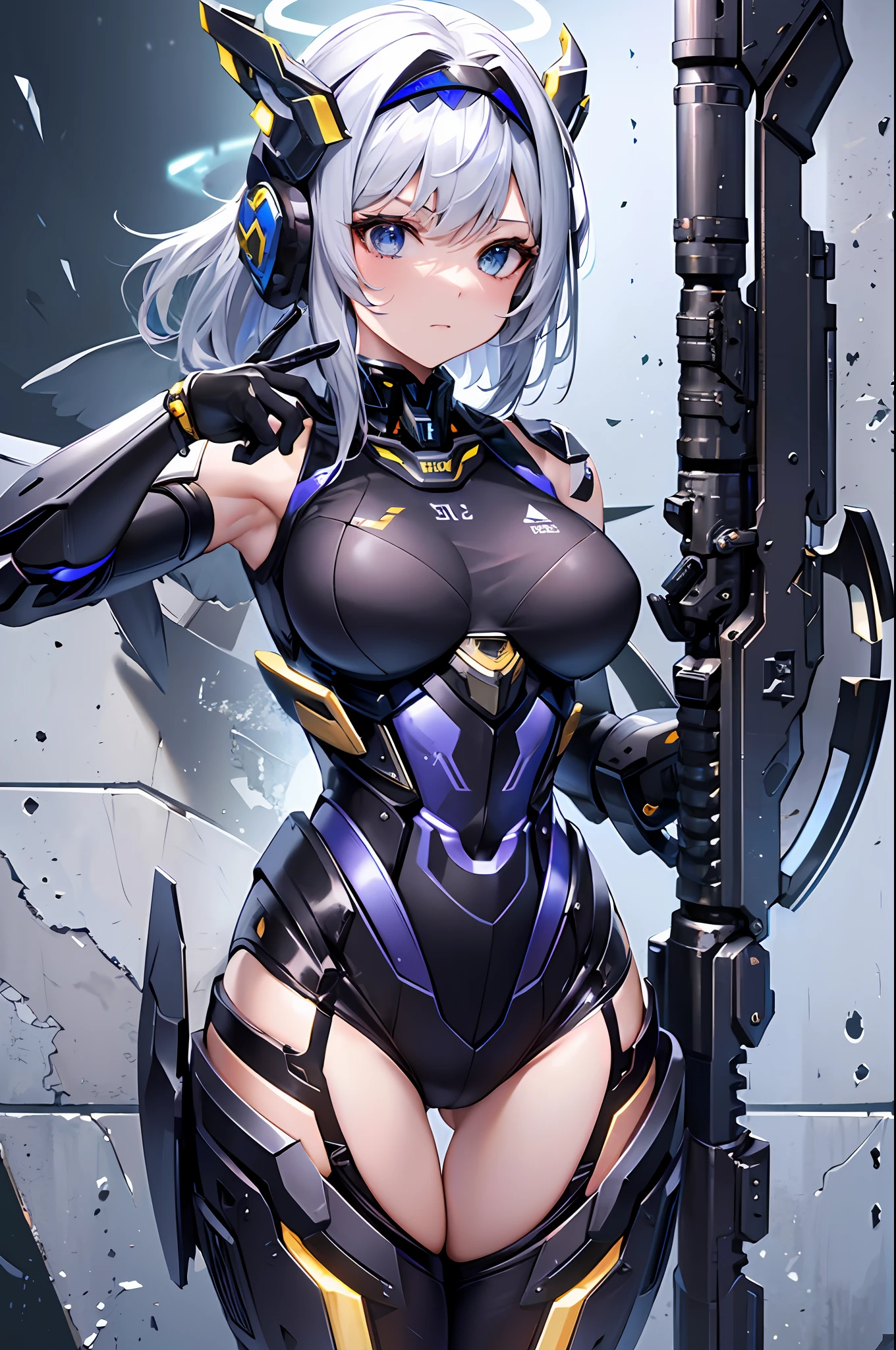Top quality, masterpiece, fine detail, ultra-detailed, accurate depiction, highly detailed 8k wallpaper, one girl, action pose, (sexy mecha girl: 1.3), (mechanical halo: 1.2), black giant weapon, giant laser rifle, (detailed exposed exoskeleton leotard: 1.2), (complex mechanical limbs: 1.1), bare shoulders and sides and thighs, (mechanical wings behind: 1.3), ( sharp-angled headgear on both sides of the head: 1.2), gray hair, the Earth visible from space, stardust,