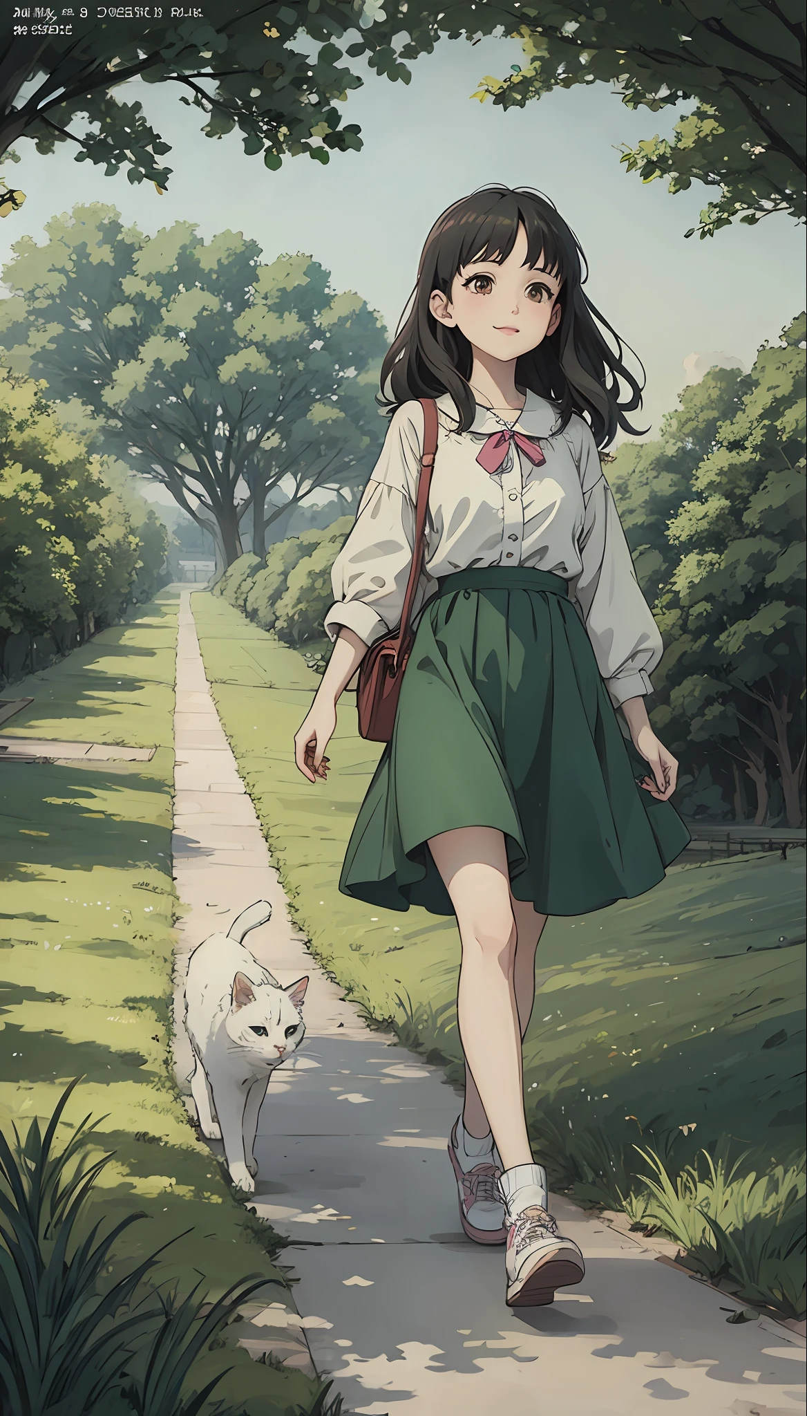 Anime girl walking on path in field, pet cat, with a cat next to it, anime visual of cute girl, digital anime illustration, beautiful anime art style, anime style illustration, anime style. 8k, soft anime illustration, official art, anime illustration, art style in bovot, Ghibli anime style, anime art style, black hair, smile, Ghibli-like color, UHD