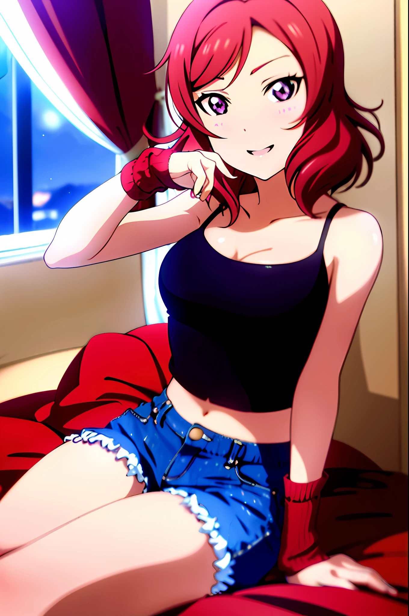 nishikino_maki,  masterpiece, best quality, highres, 1girl, solo, anastasia (idolmaster), idolmaster cinderella girls, purple eyes, short hair,  red hair, crop top, short jeans, cowboy shot, smile, upper_body, sexy pose, bed, bedroom, pillow, window, sitting, sitting on bed,