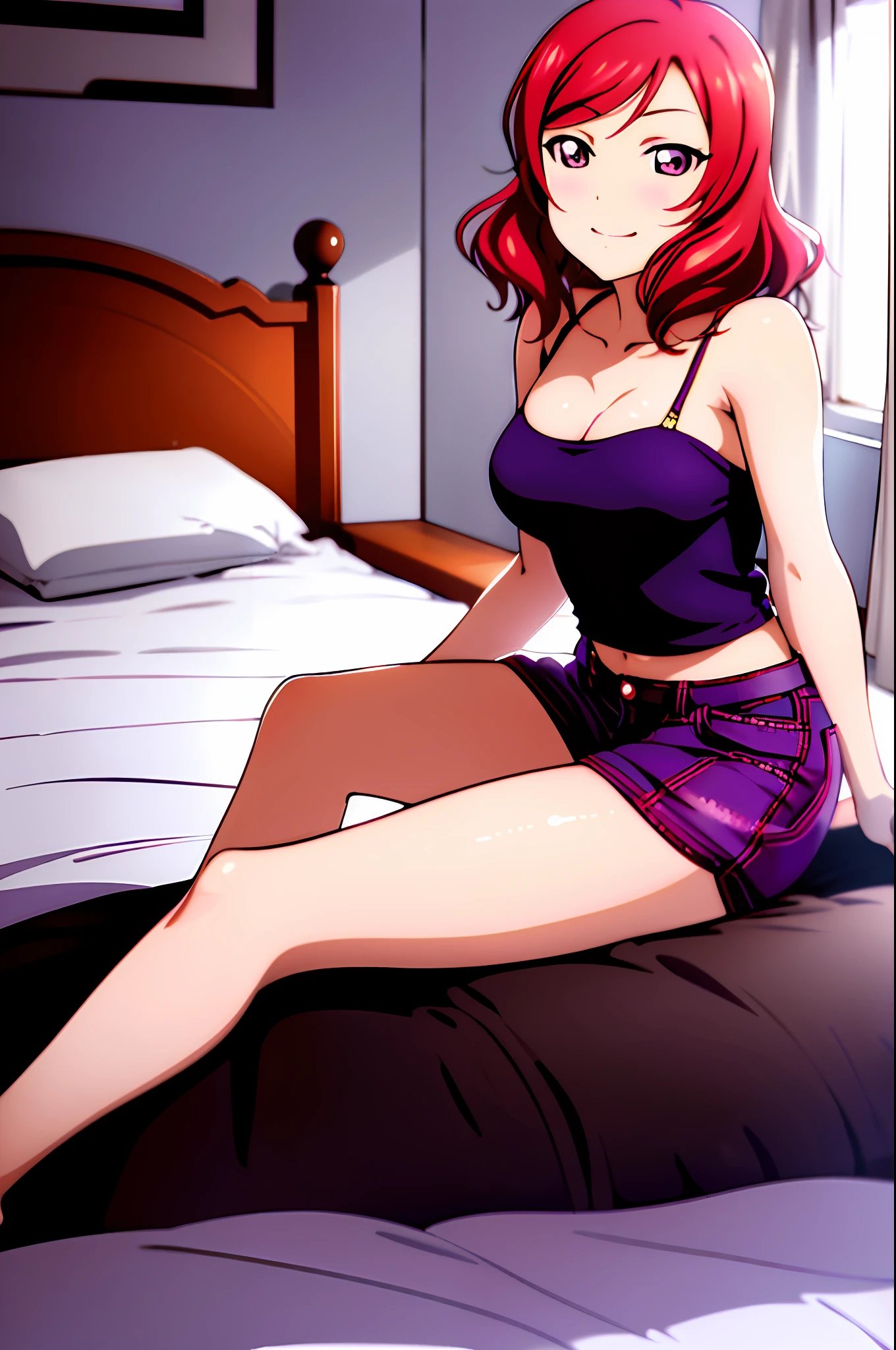 nishikino_maki,  masterpiece, best quality, highres, 1girl, solo, anastasia (idolmaster), idolmaster cinderella girls, purple eyes, short hair,  red hair, crop top, short jeans, cowboy shot, smile, upper_body, sexy pose, bed, bedroom, pillow, window, sitting, sitting on bed,