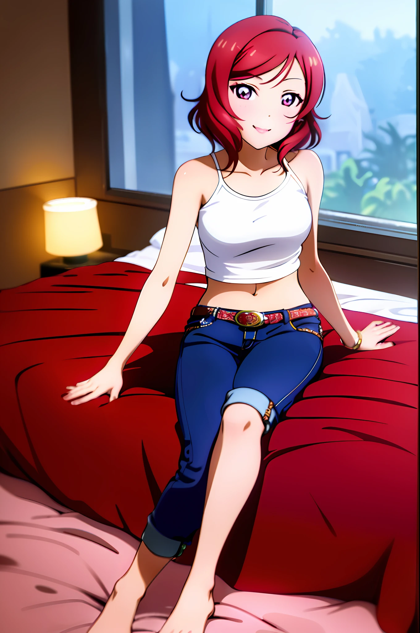 nishikino_maki,  masterpiece, best quality, highres, 1girl, solo, anastasia (idolmaster), idolmaster cinderella girls, purple eyes, short hair,  red hair, crop top, short jeans, cowboy shot, smile, upper_body, sexy pose, bed, bedroom, pillow, window, sitting, sitting on bed,